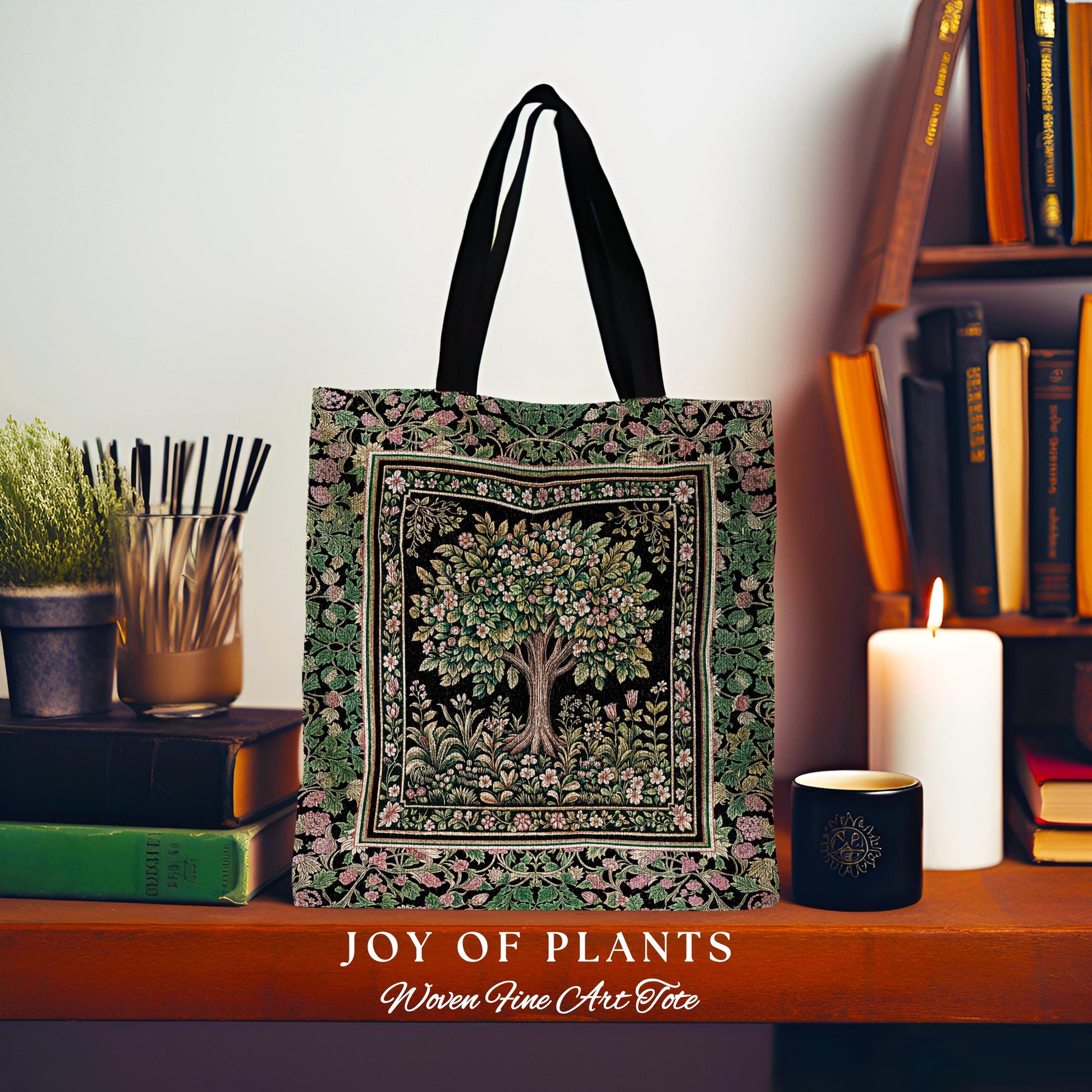 Fairy Garden Tree of Life Tote | Cottagecore Countryside Romantic Floral Landscape Whimsical Chateau Bohemian Botanical Woven Tapestry Bag |