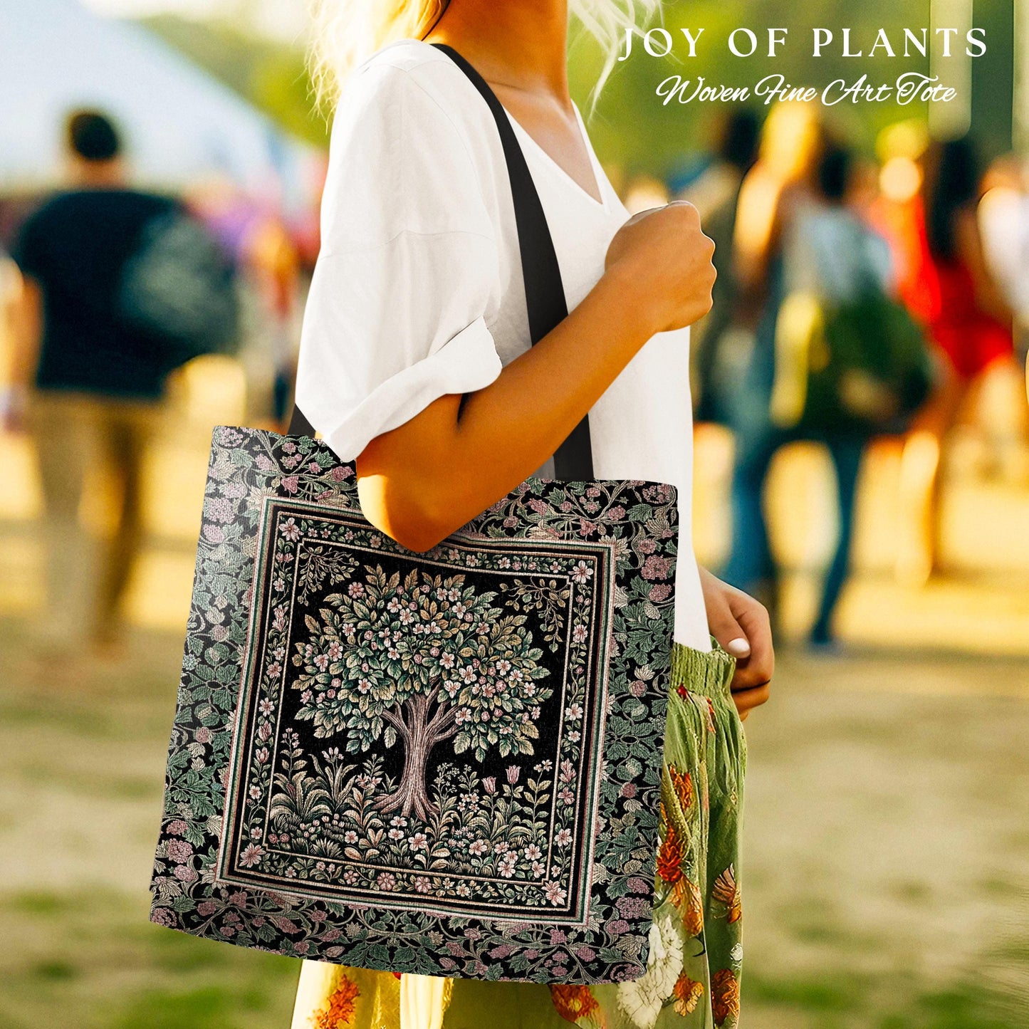 Fairy Garden Tree of Life Tote | Cottagecore Countryside Romantic Floral Landscape Whimsical Chateau Bohemian Botanical Woven Tapestry Bag |