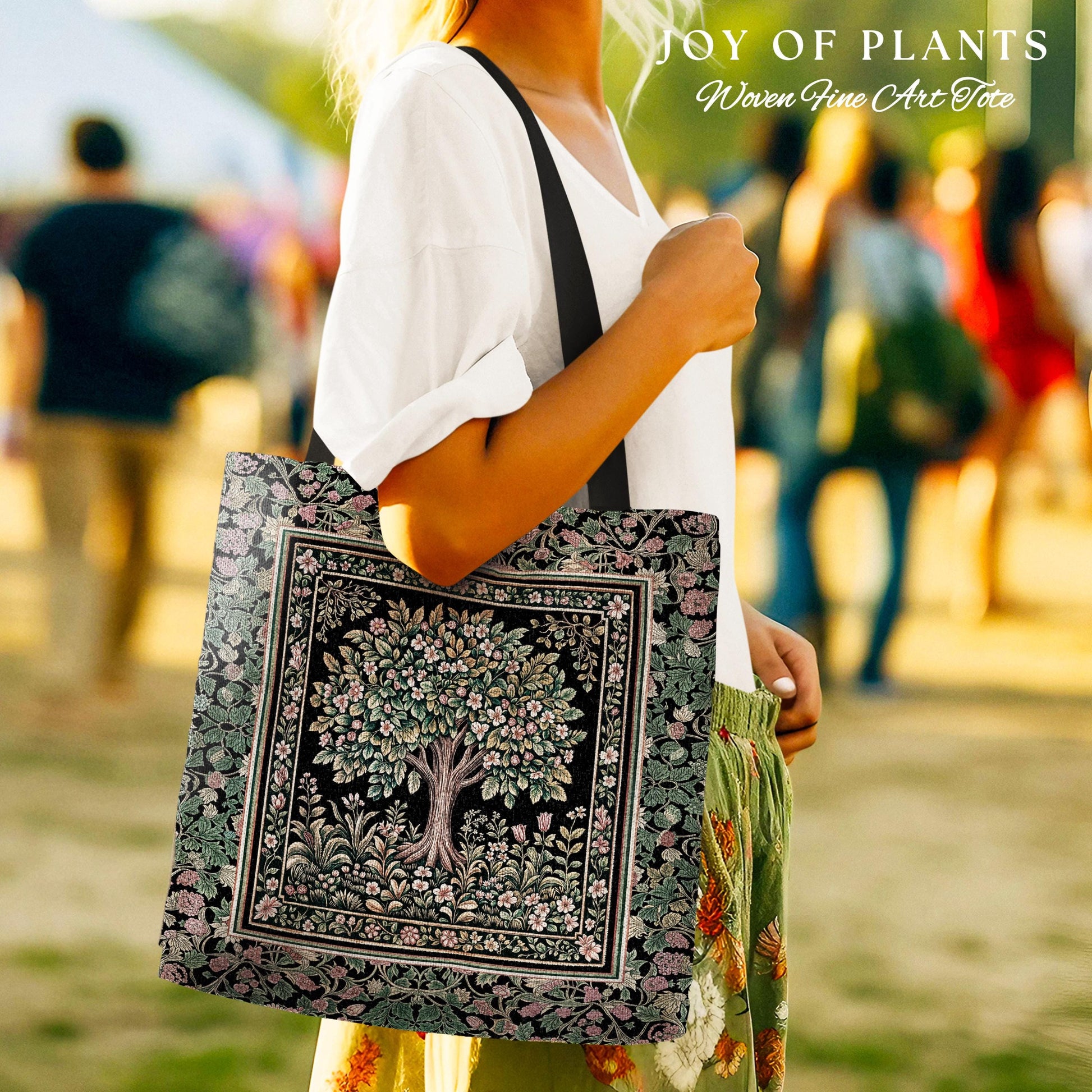 Fairy Garden Tree of Life Tote | Cottagecore Countryside Romantic Floral Landscape Whimsical Chateau Bohemian Botanical Woven Tapestry Bag |