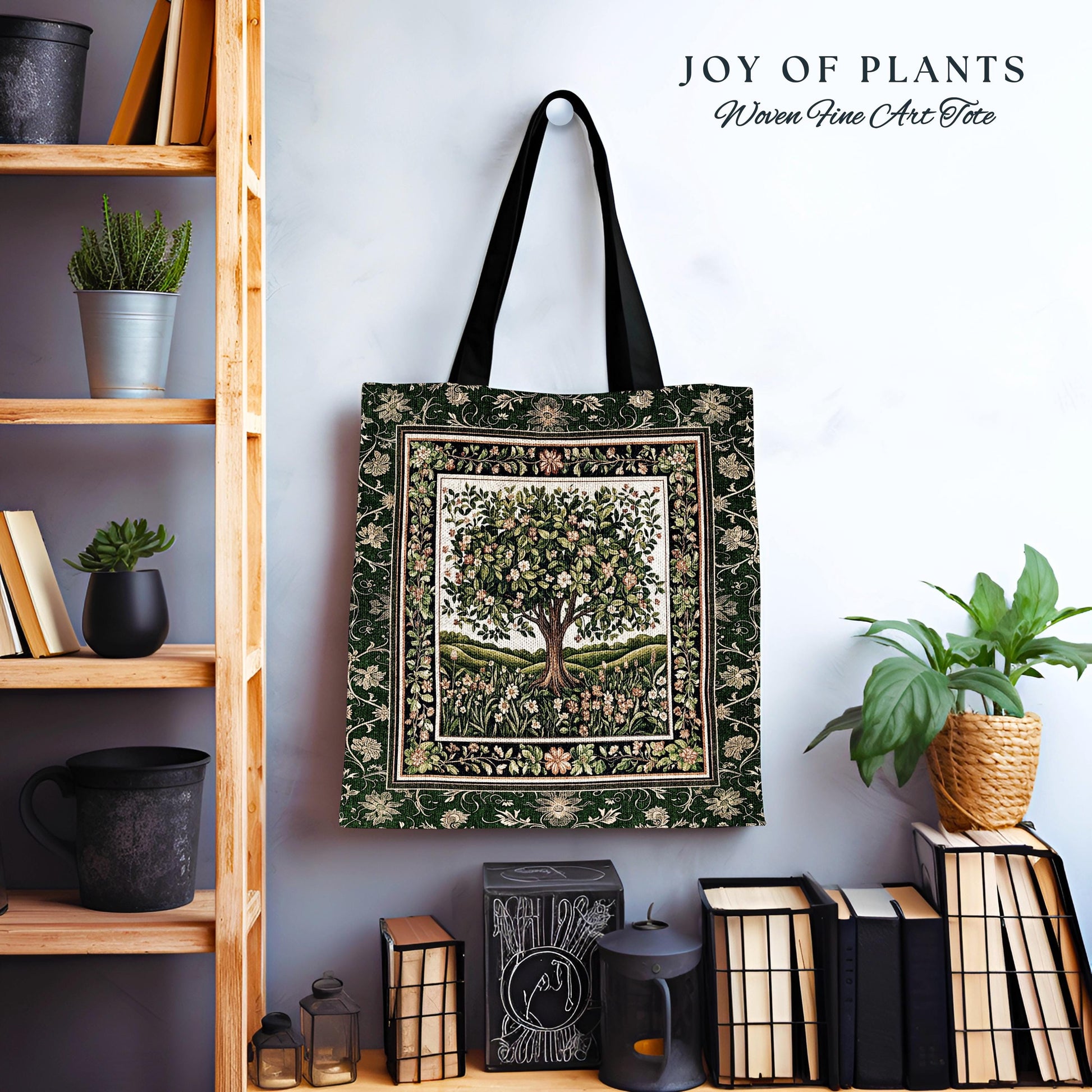 Emerald Green Floral Tree of Life Tote | Botanical Forestcore Folklore Vintage Floral Enchanted Bag Cottagecore Whimsical Natural Aesthetic