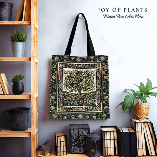 Emerald Green Floral Tree of Life Tote | Botanical Forestcore Folklore Vintage Floral Enchanted Bag Cottagecore Whimsical Natural Aesthetic