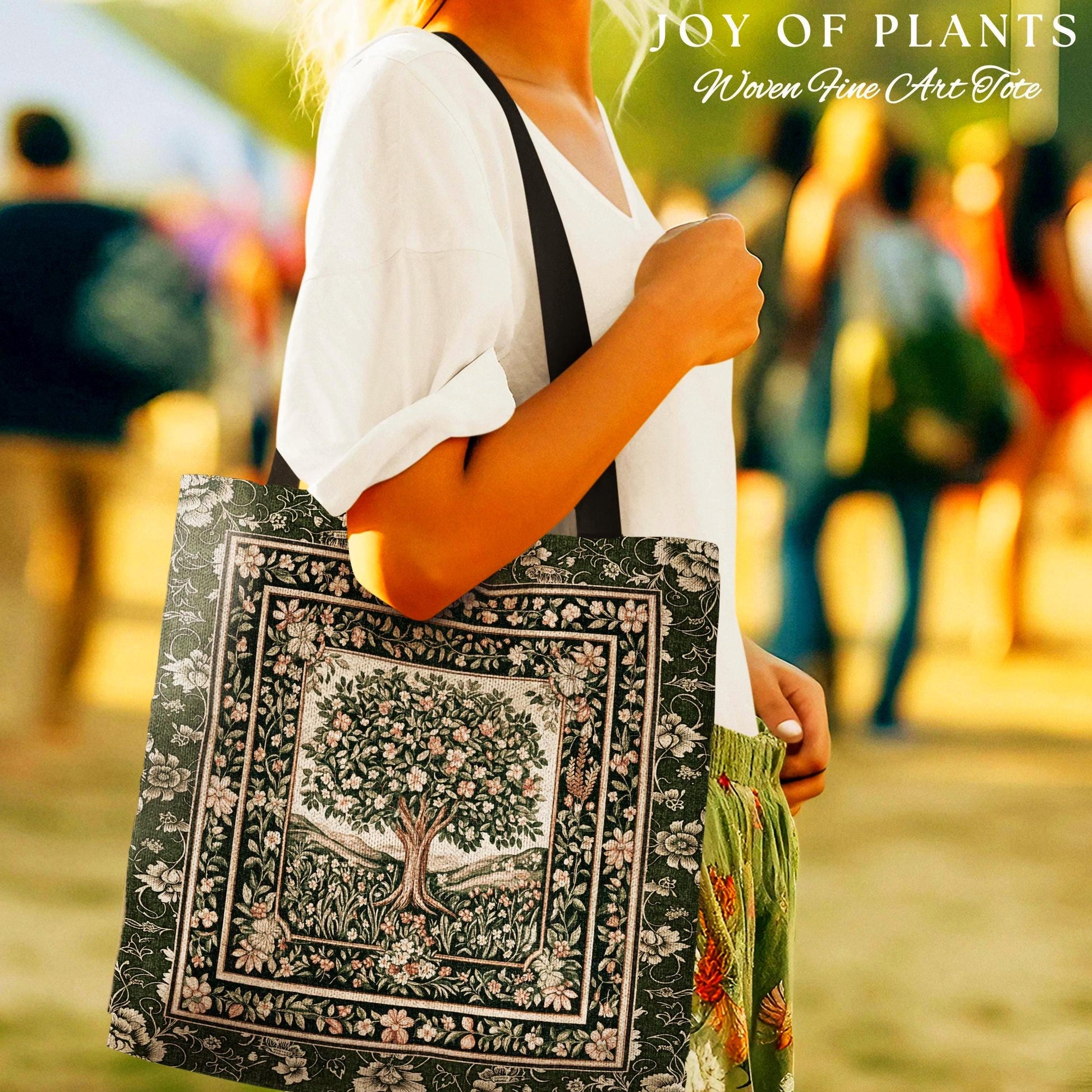 Enchanted Garden Folklore Tree Tote | Emerald Green Botanical Coquette Style Floral Forest Theme Woven Tapestry Bag Folklore Cottagecore |
