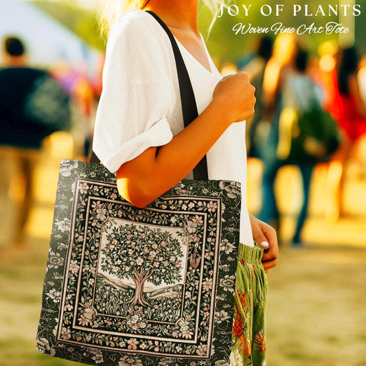 Enchanted Garden Folklore Tree Tote | Emerald Green Botanical Coquette Style Floral Forest Theme Woven Tapestry Bag Folklore Cottagecore |