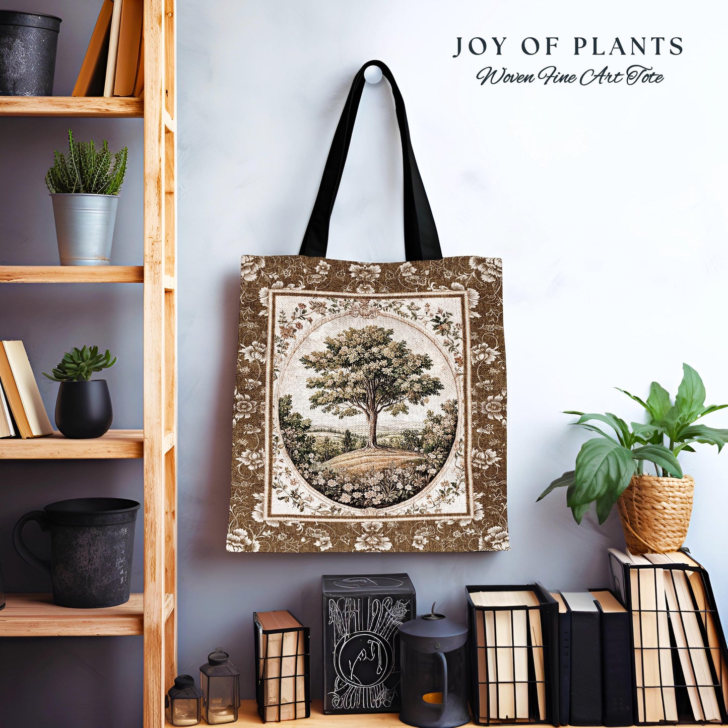 French Countryside Botanical Tree Tote | Victorian Garden Accent Romantic Country Woven Tapestry Bag Floral Pastoral Scene Antique Aesthetic