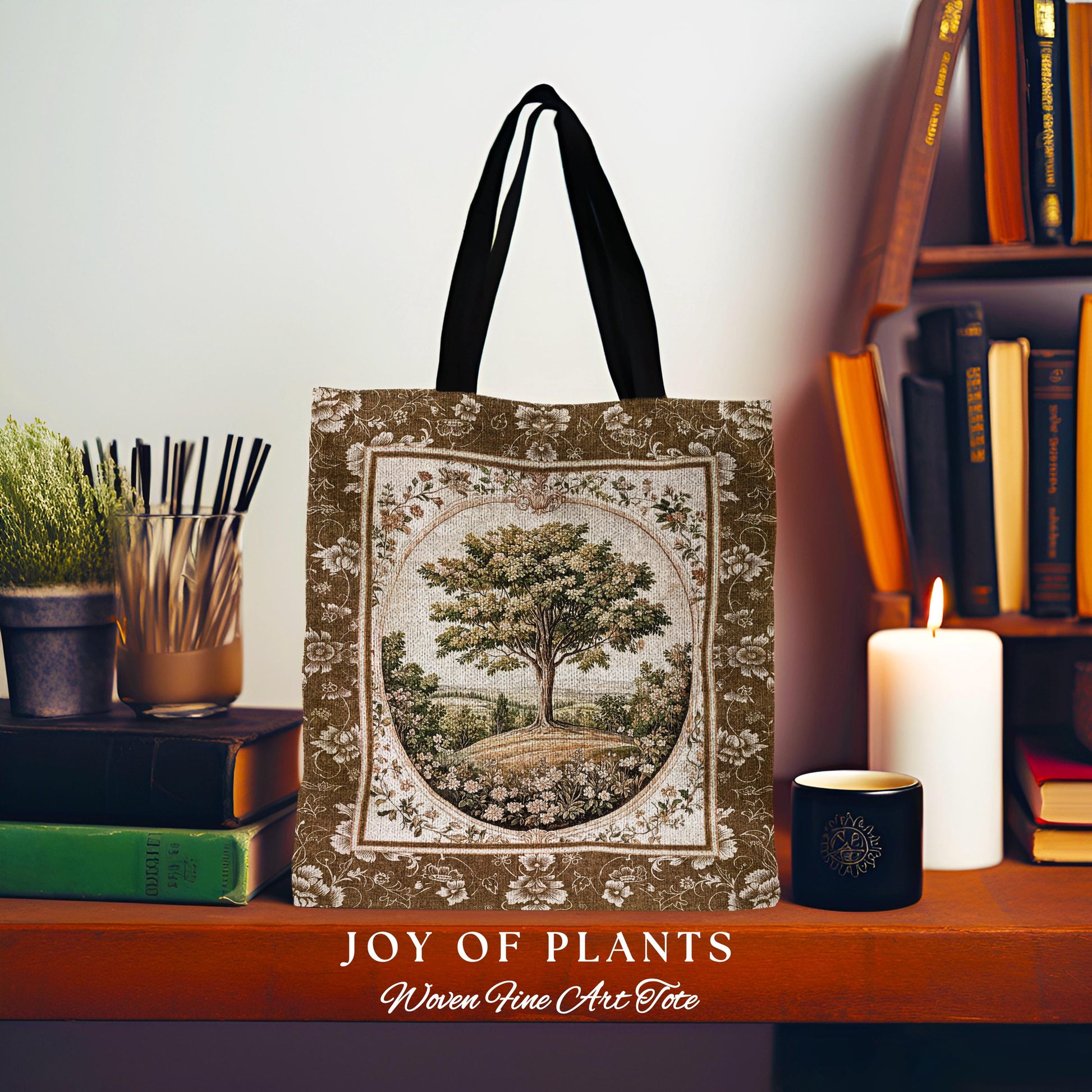 French Countryside Botanical Tree Tote | Victorian Garden Accent Romantic Country Woven Tapestry Bag Floral Pastoral Scene Antique Aesthetic