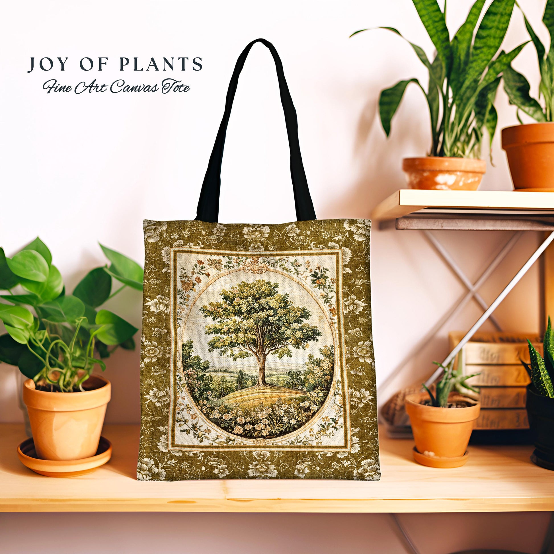 French Countryside Botanical Tree Tote | Victorian Garden Accent Romantic Country Woven Tapestry Bag Floral Pastoral Scene Antique Aesthetic