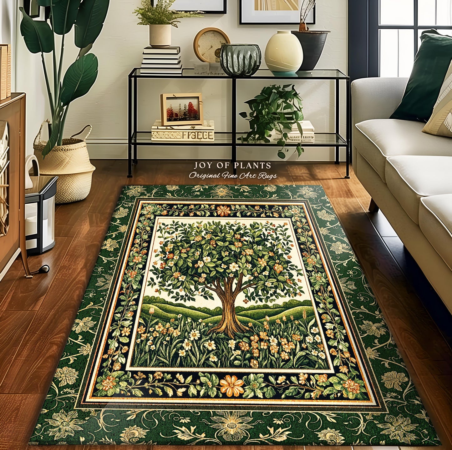 Emerald Green Floral Tree of Life Rug | Botanical Forestcore Folklore Vintage Floral Enchanted Cozy Cottagecore Whimsical Natural Aesthetic