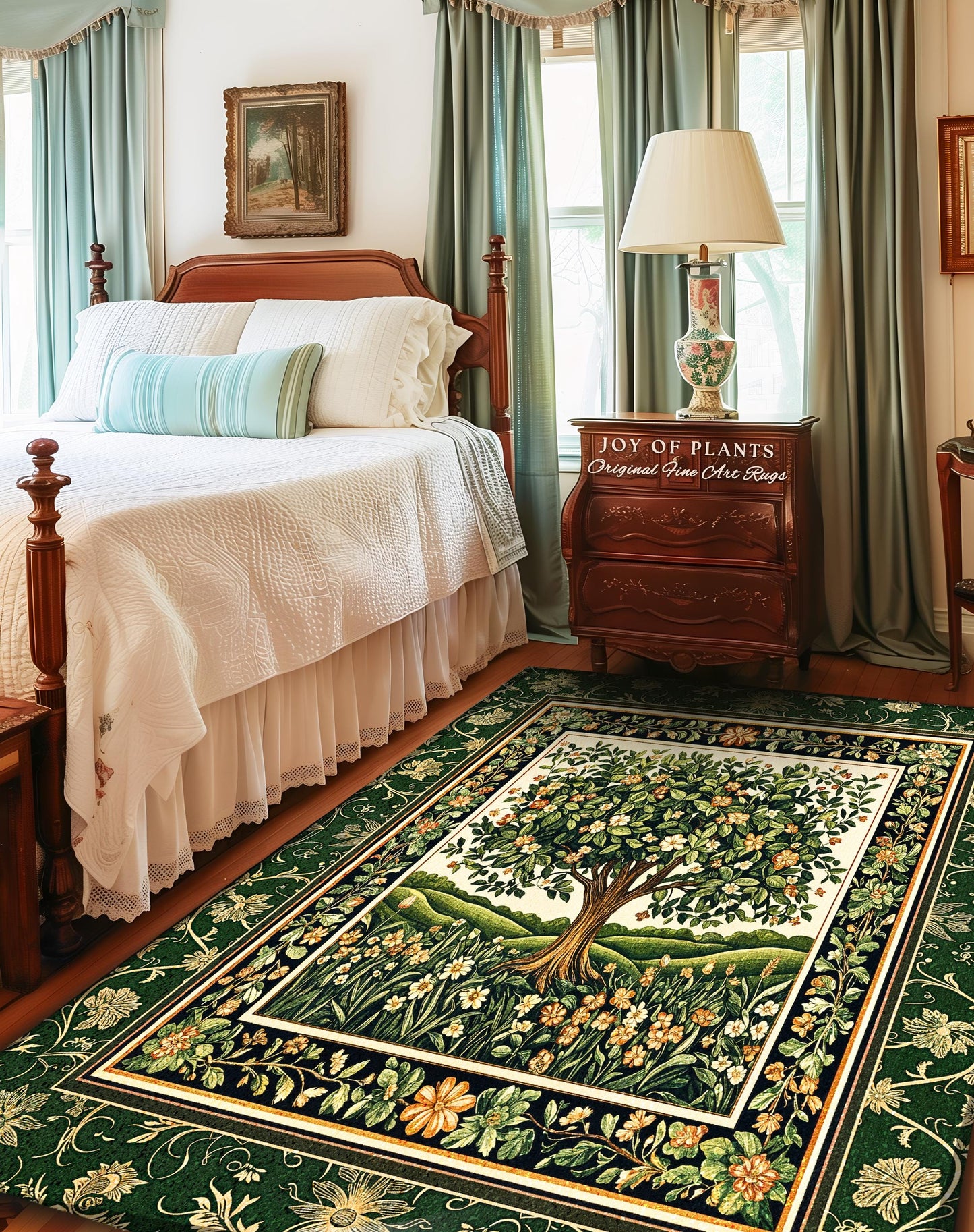 Emerald Green Floral Tree of Life Rug | Botanical Forestcore Folklore Vintage Floral Enchanted Cozy Cottagecore Whimsical Natural Aesthetic