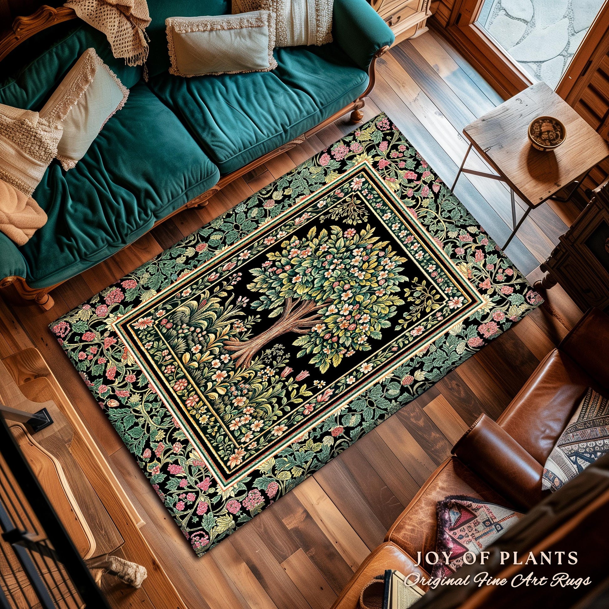 Fairy Garden Tree of Life Rug | Cottagecore Countryside Romantic Floral Landscape Whimsical Chateau Style Bohemian Botanical Home Accent |