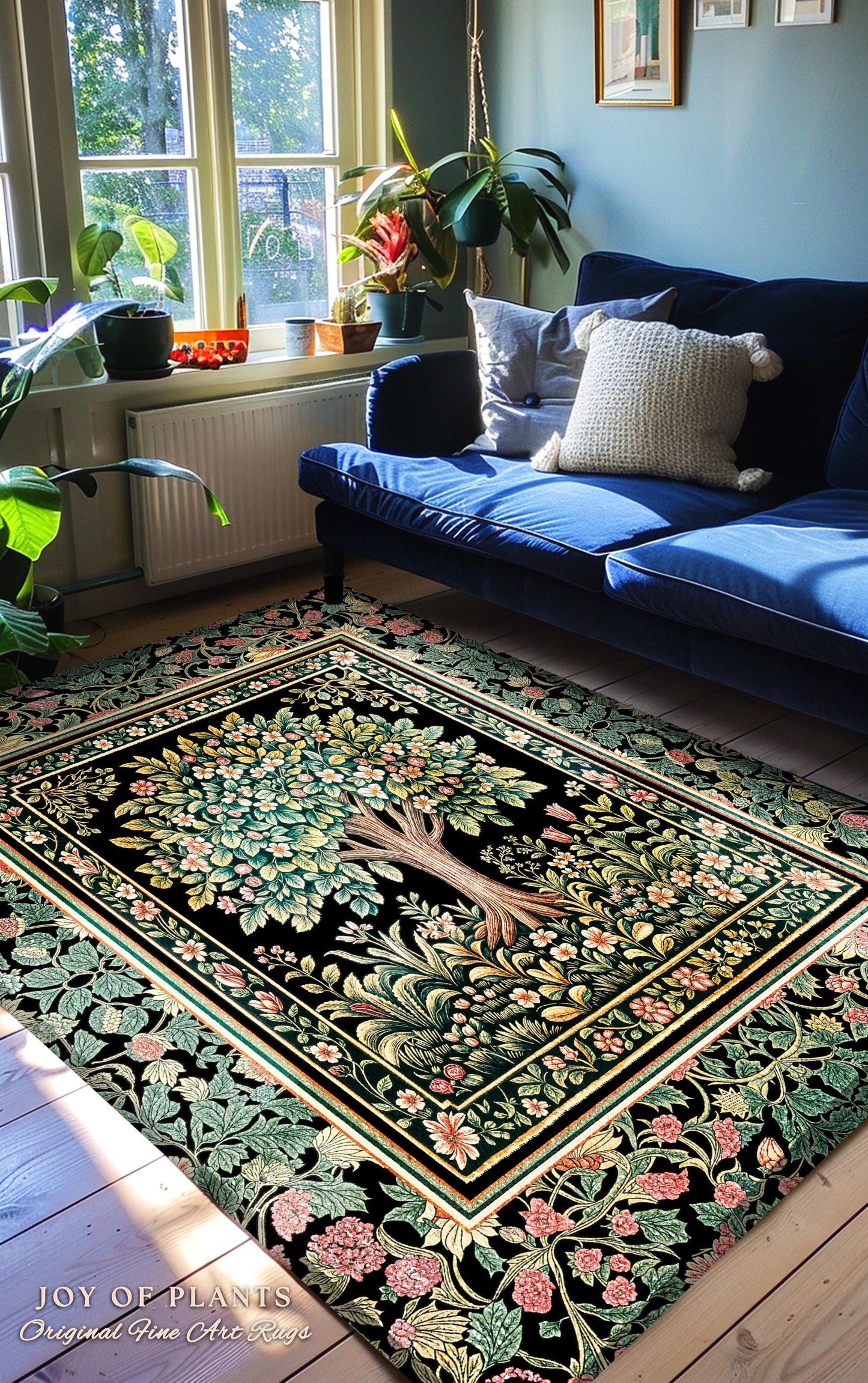 Fairy Garden Tree of Life Rug | Cottagecore Countryside Romantic Floral Landscape Whimsical Chateau Style Bohemian Botanical Home Accent |