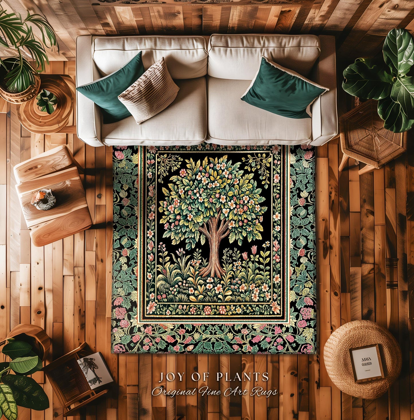 Fairy Garden Tree of Life Rug | Cottagecore Countryside Romantic Floral Landscape Whimsical Chateau Style Bohemian Botanical Home Accent |