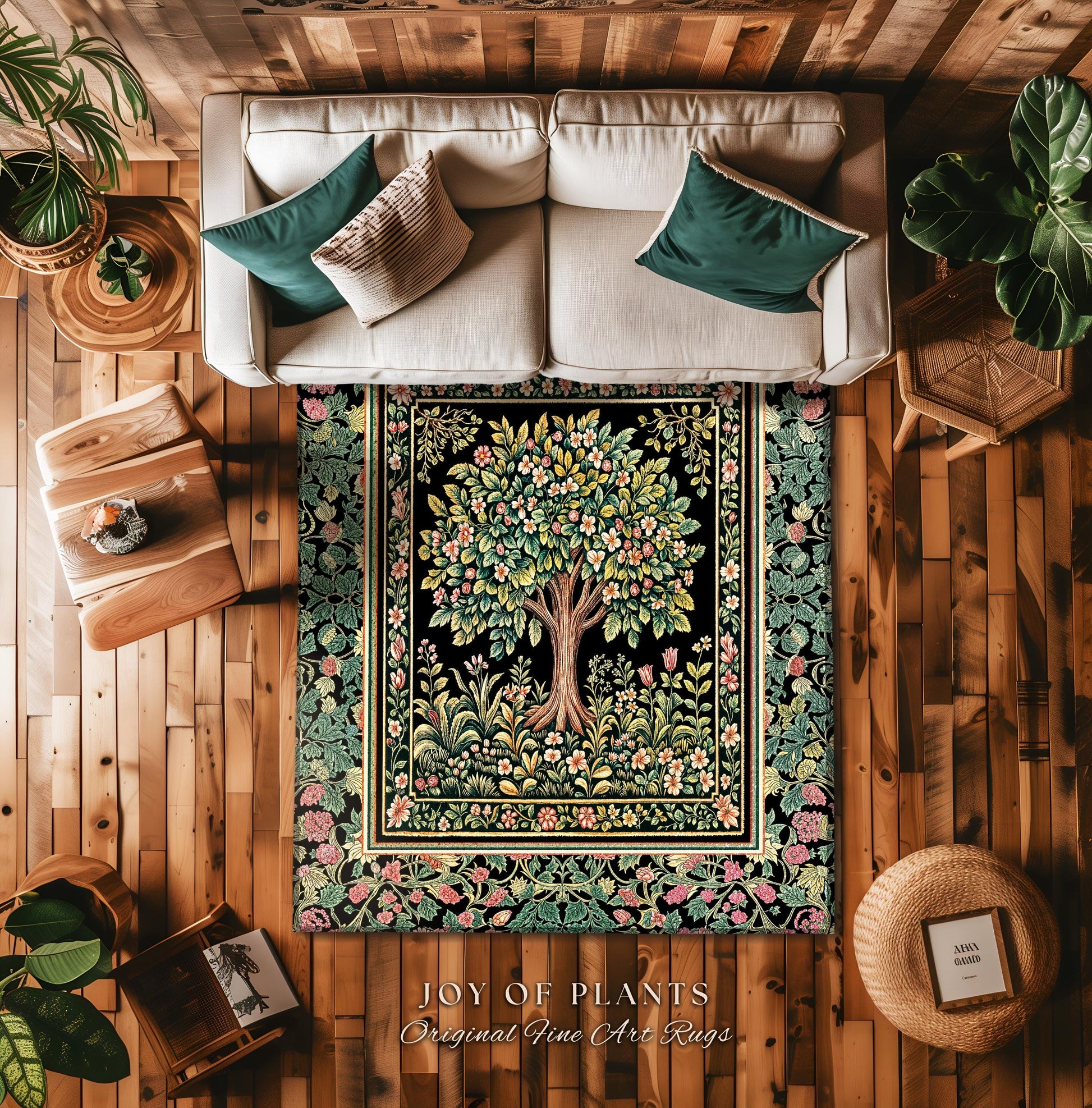 Fairy Garden Tree of Life Rug | Cottagecore Countryside Romantic Floral Landscape Whimsical Chateau Style Bohemian Botanical Home Accent |