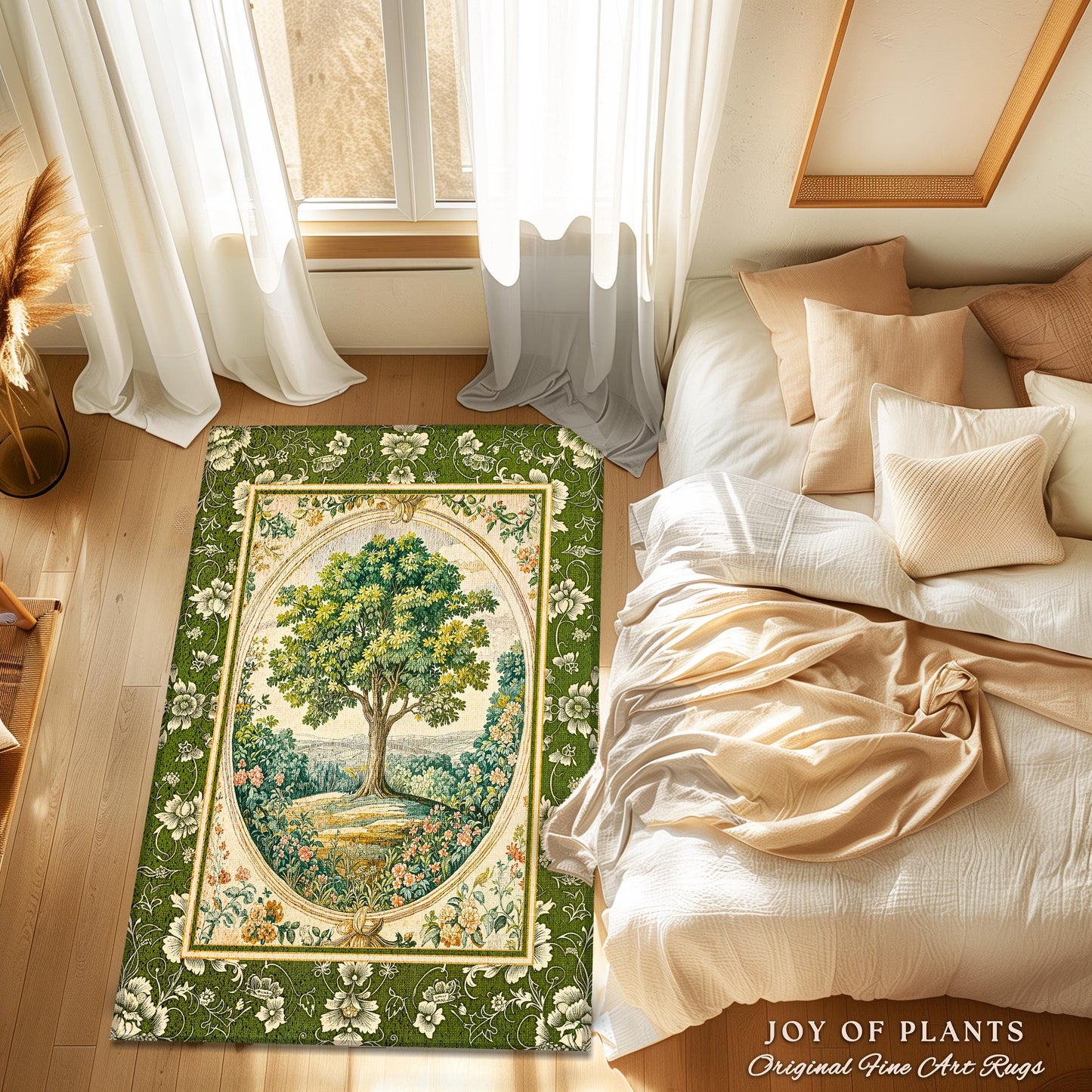 Victorian Soft Aesthetic Tree of Life Rug | Romantic Botanical Regency Decor Floral Enchanted Forest Accent Green Tones Cottagecore Theme