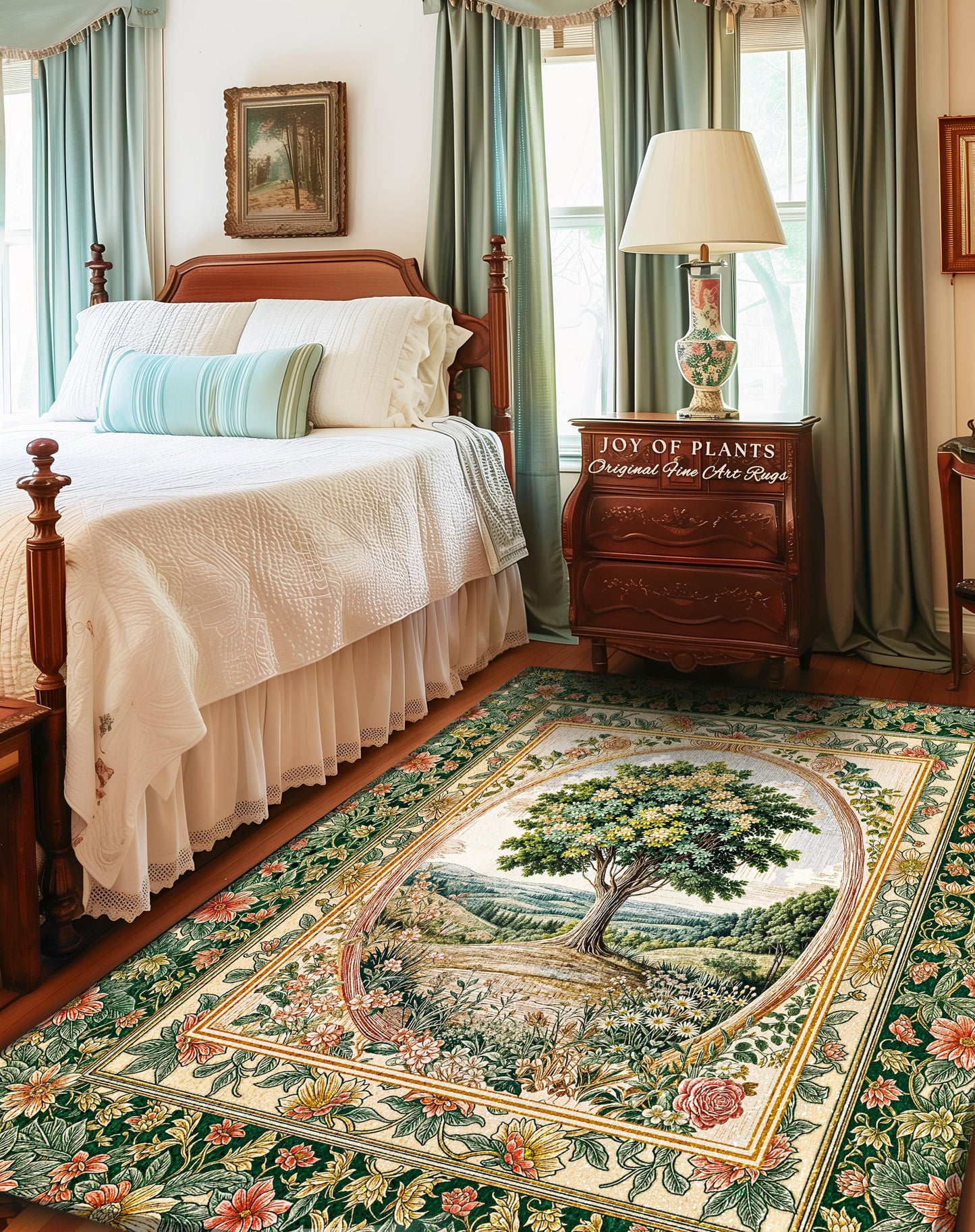 Chateau Garden Tree of Life Rug | French Provincial Landscape Antique Floral Accent Romantic Aesthetic Victorian Home Decor Ornate Style