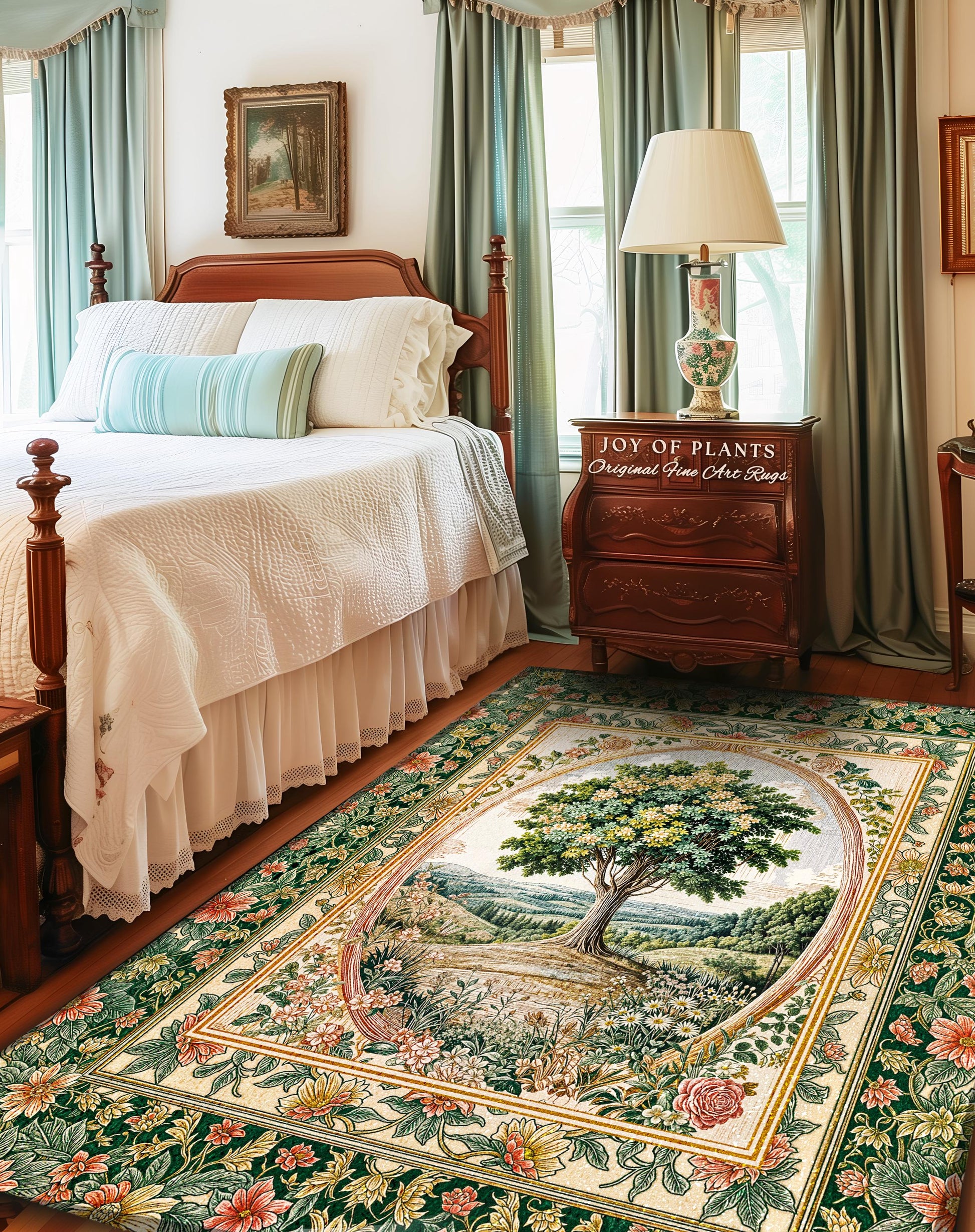 Chateau Garden Tree of Life Rug | French Provincial Landscape Antique Floral Accent Romantic Aesthetic Victorian Home Decor Ornate Style