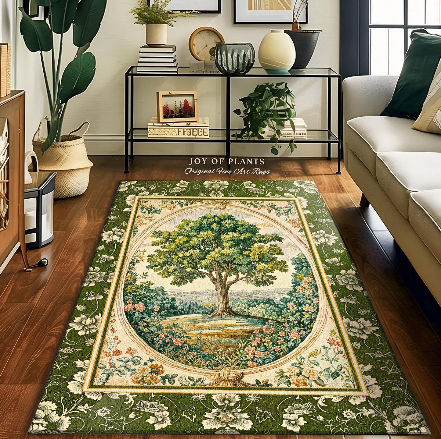 Victorian Soft Aesthetic Tree of Life Rug | Romantic Botanical Regency Decor Floral Enchanted Forest Accent Green Tones Cottagecore Theme