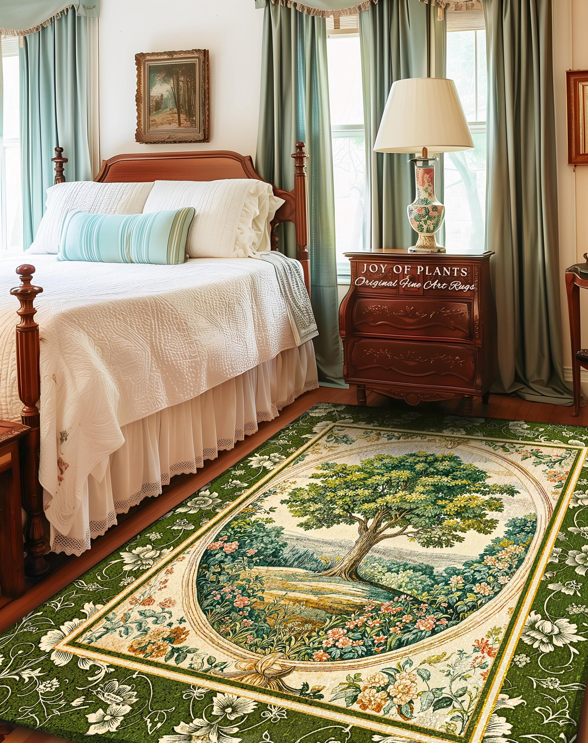 Victorian Soft Aesthetic Tree of Life Rug | Romantic Botanical Regency Decor Floral Enchanted Forest Accent Green Tones Cottagecore Theme