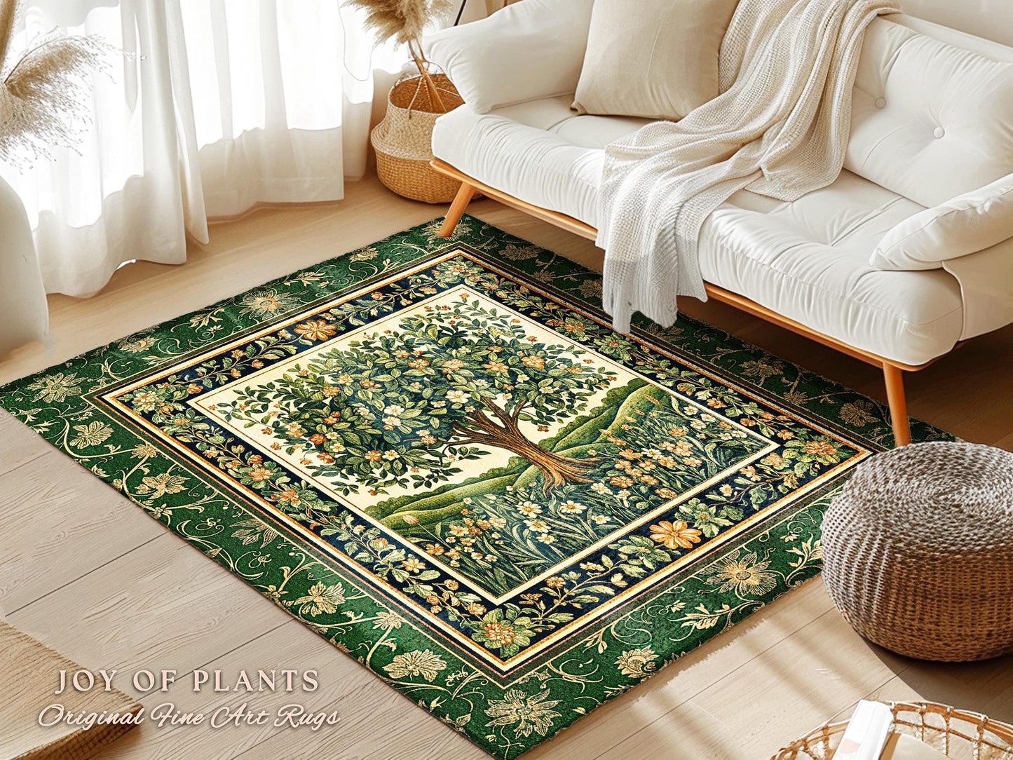 Emerald Green Floral Tree of Life Rug | Botanical Forestcore Folklore Vintage Floral Enchanted Cozy Cottagecore Whimsical Natural Aesthetic