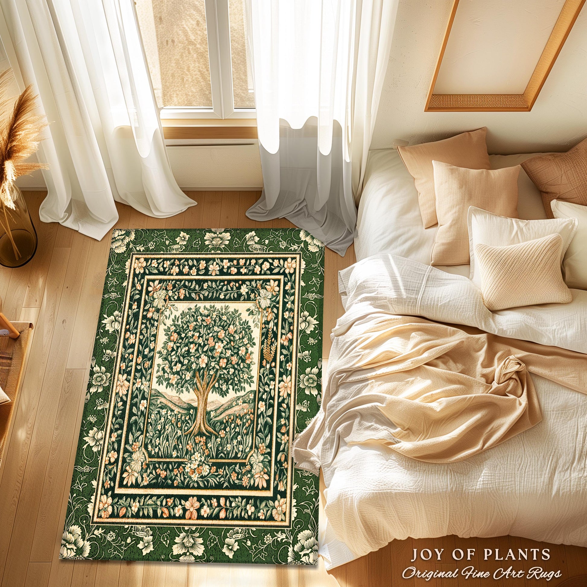 Enchanted Garden Folklore Tree Rug | Emerald Green Botanical Coquette Accent Rug Floral Accent Forest Theme Rug Folklore Design Cottagecore