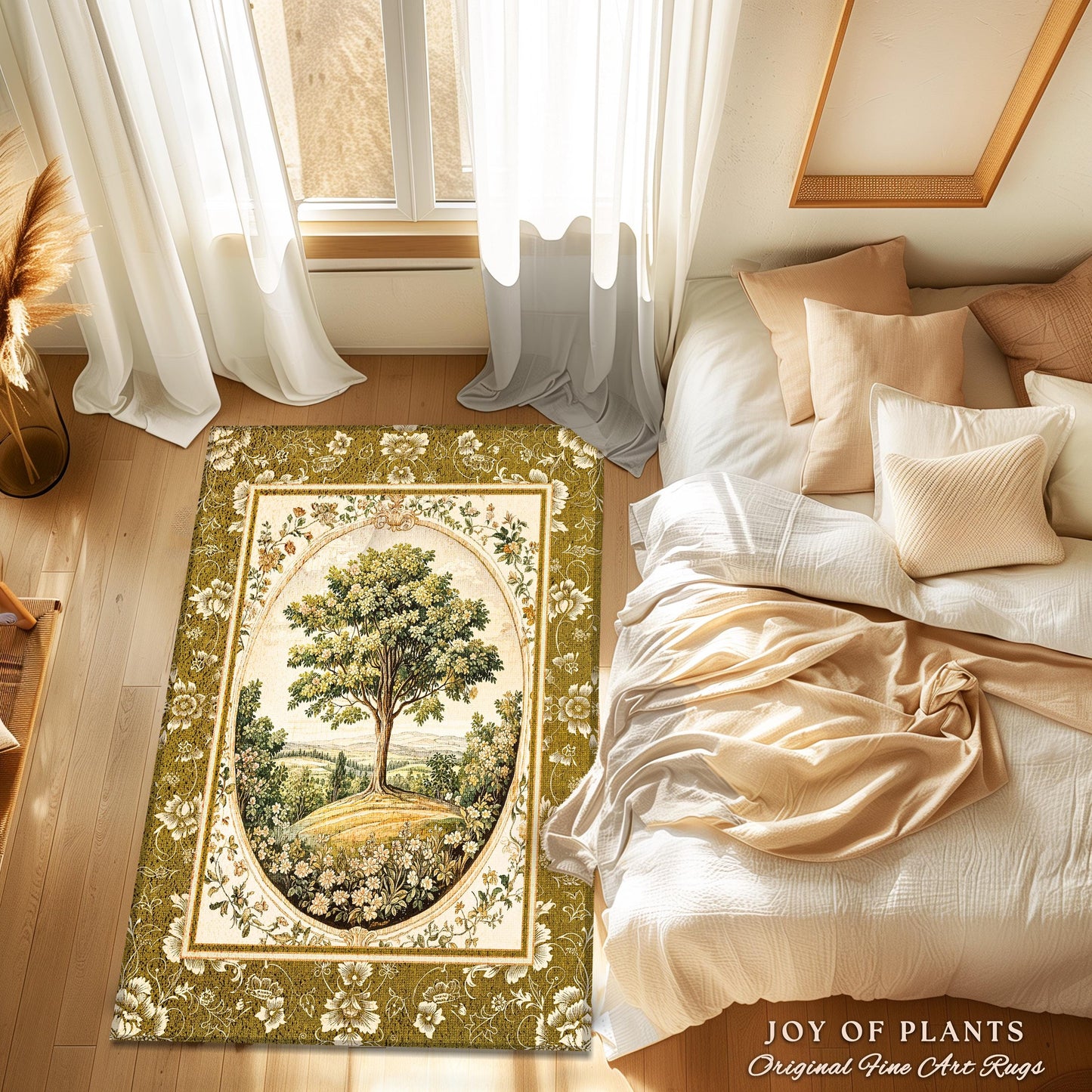 French Countryside Botanical Tree Rug | Victorian Garden Accent Romantic Country Decor Floral Pastoral Scene Antique Style Cottage Aesthetic