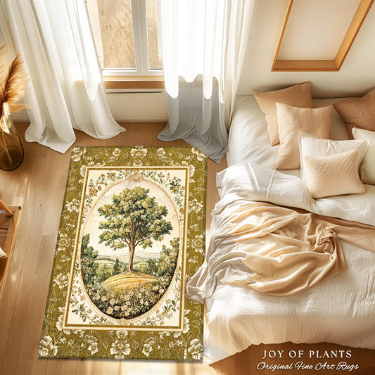 French Countryside Botanical Tree Rug | Victorian Garden Accent Romantic Country Decor Floral Pastoral Scene Antique Style Cottage Aesthetic