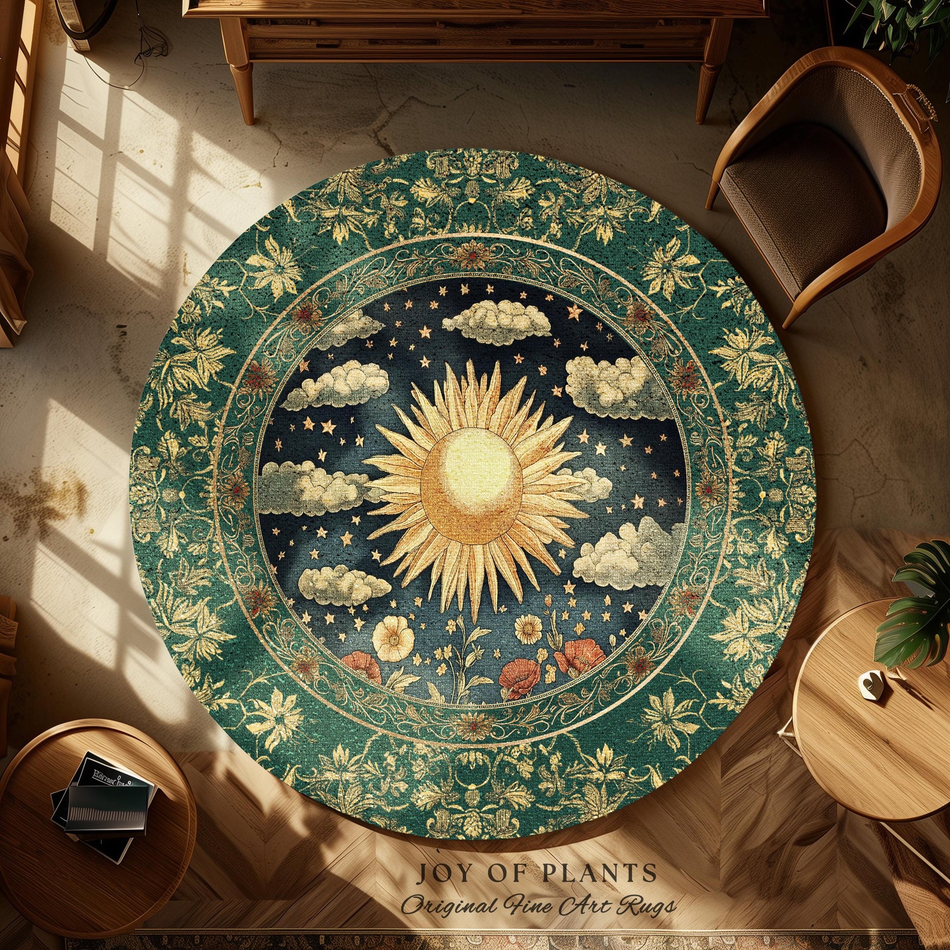 Maximalist Sun Goddess Accent Rug | Nature Botanical Area Rug Floral Light Academia Spiritual Aesthetic Zodiac Theme Celestial Bedroom Decor