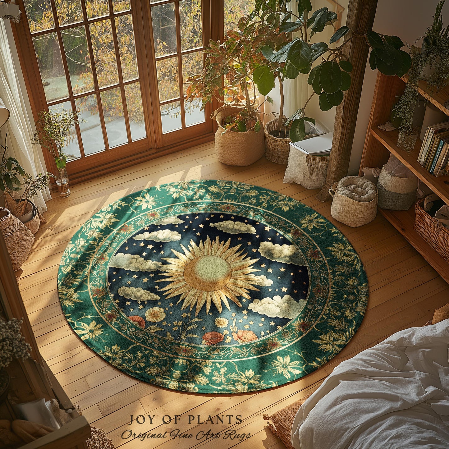 Maximalist Sun Goddess Accent Rug | Nature Botanical Area Rug Floral Light Academia Spiritual Aesthetic Zodiac Theme Celestial Bedroom Decor
