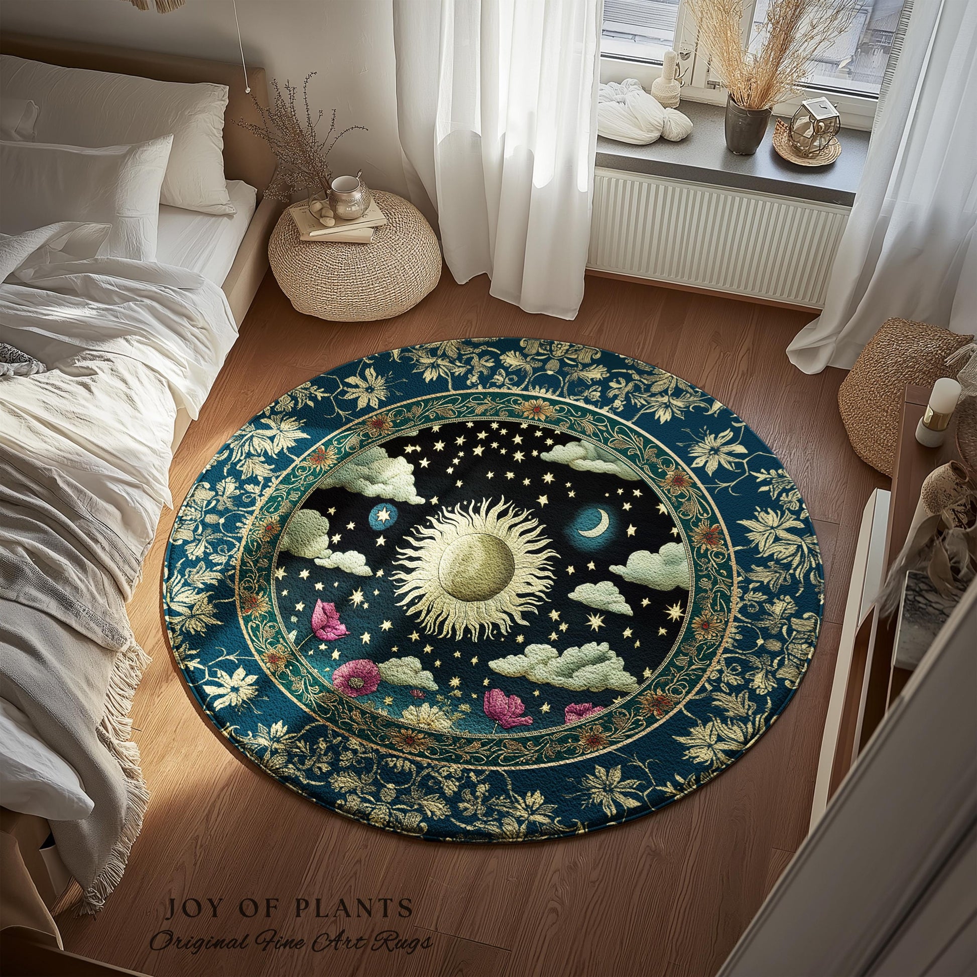 Floral Gothic Celestial Area Rug | Witchy Sun Moon Stars Spiritual Tarot Decor Bohemian Indie Bedroom Accent Cozy Cottagecore Aesthetic |