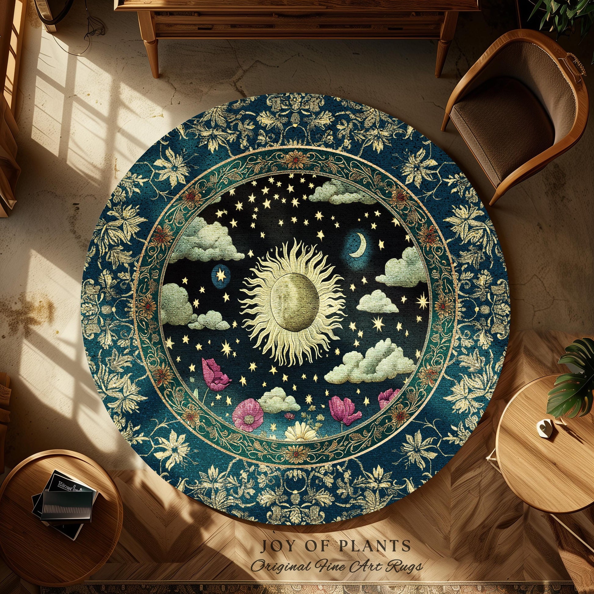 Floral Gothic Celestial Area Rug | Witchy Sun Moon Stars Spiritual Tarot Decor Bohemian Indie Bedroom Accent Cozy Cottagecore Aesthetic |