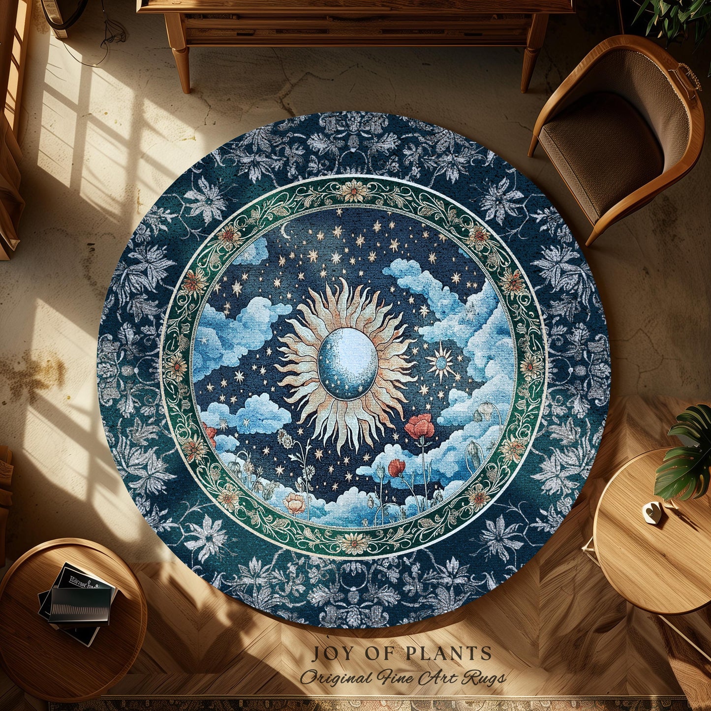 Retro Astrology Round Area Rug | Whimsigothic Bedroom Maximalist Hippie Aesthetic Floral Home Accent Rug Psychedelic Cottagecore Ethereal |