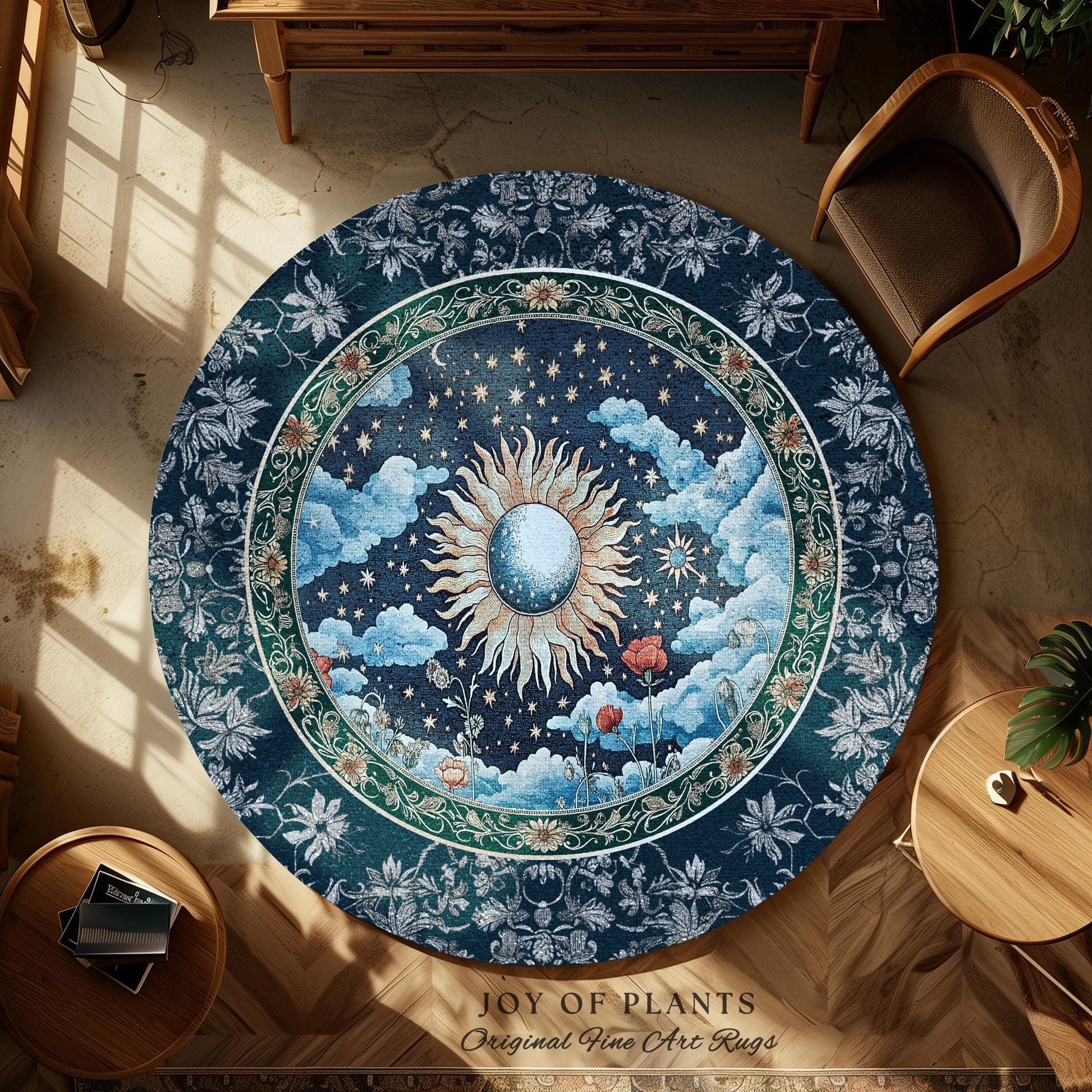 Retro Astrology Round Area Rug | Whimsigothic Bedroom Maximalist Hippie Aesthetic Floral Home Accent Rug Psychedelic Cottagecore Ethereal |