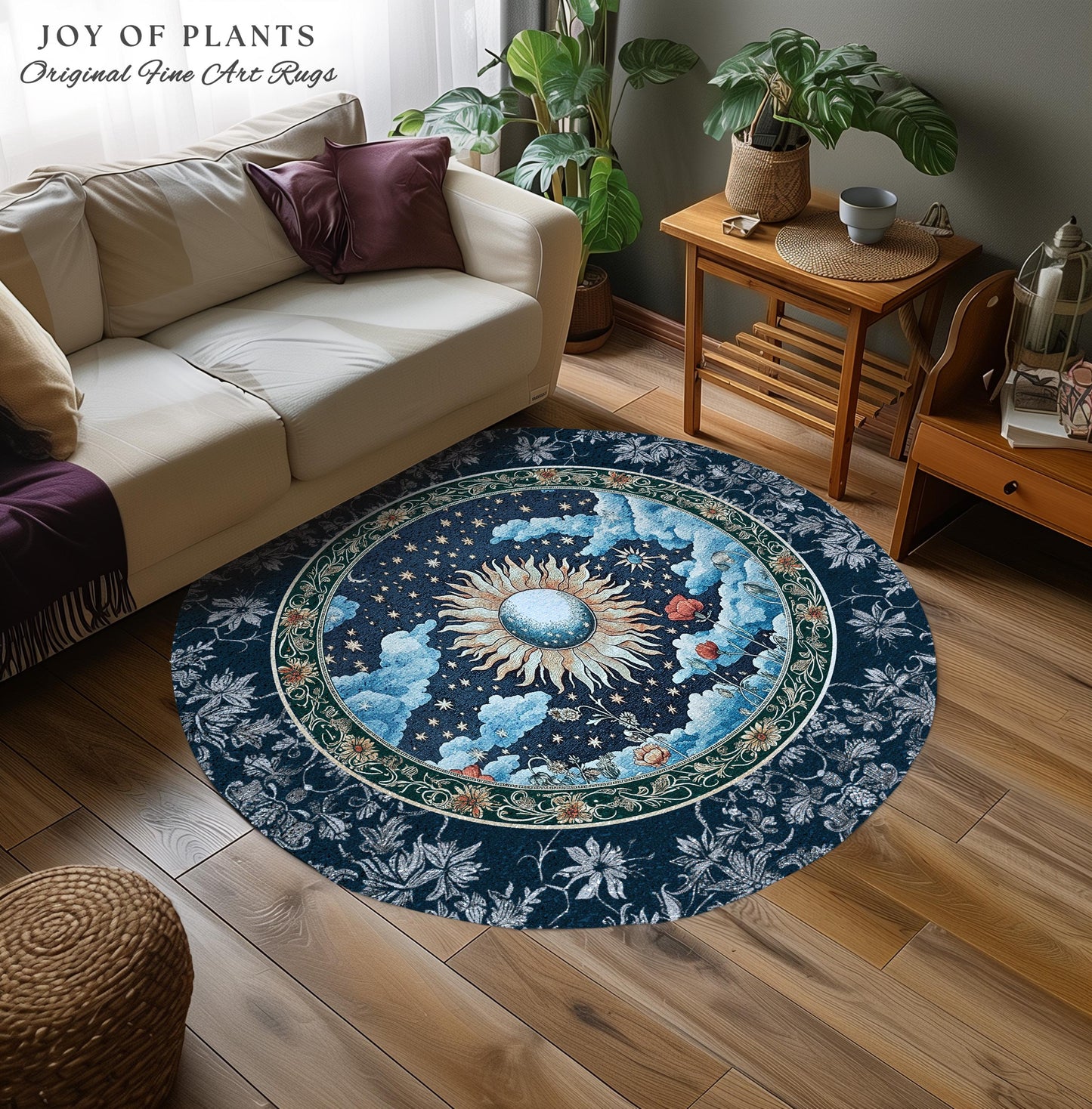 Retro Astrology Round Area Rug | Whimsigothic Bedroom Maximalist Hippie Aesthetic Floral Home Accent Rug Psychedelic Cottagecore Ethereal |