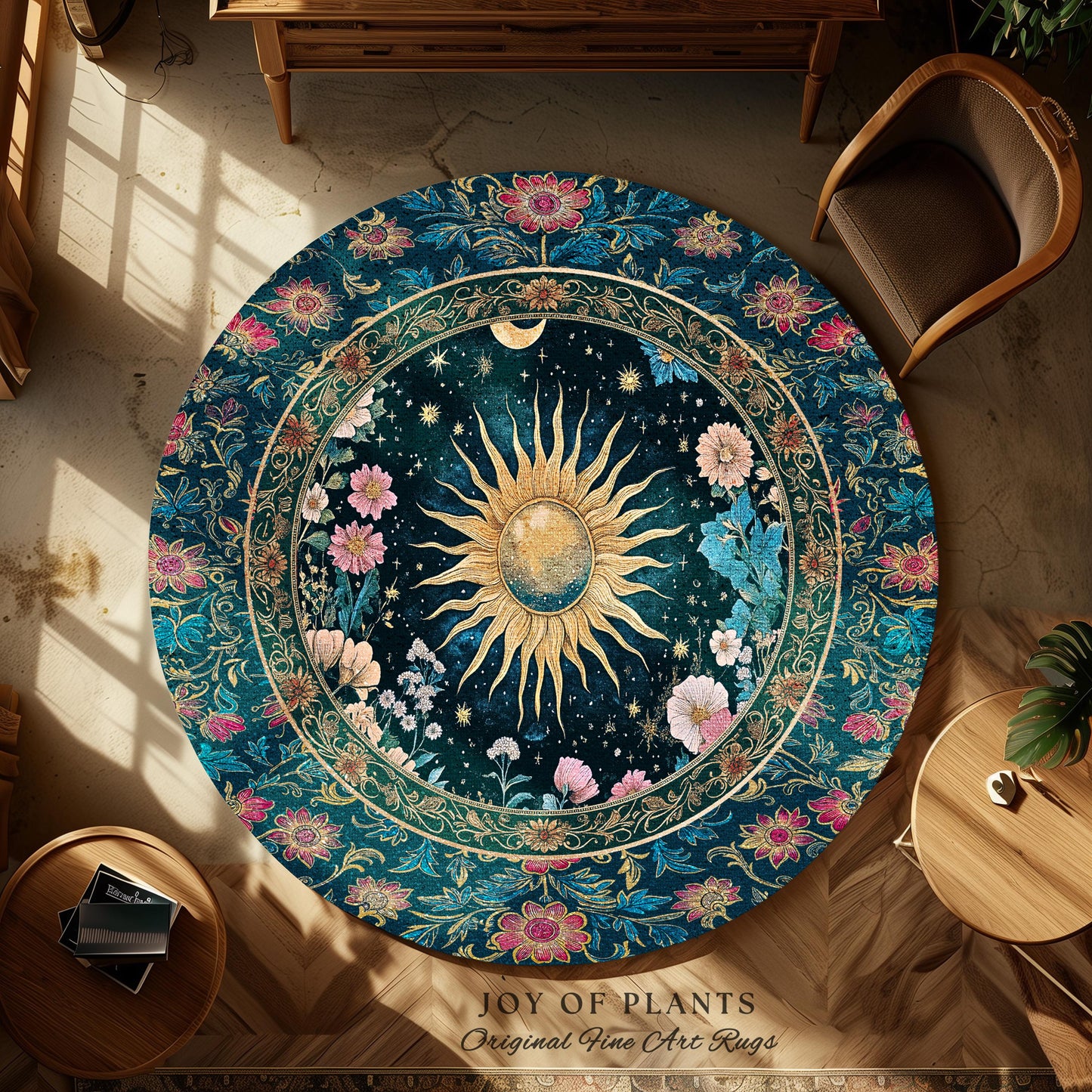 Celestial Sun Rustic Area Rug | Eclectic Bedroom Accent Wildflowers Tapestry Cosmic Astrology Home Accent Psychedelic Tarot Decor Witchy |