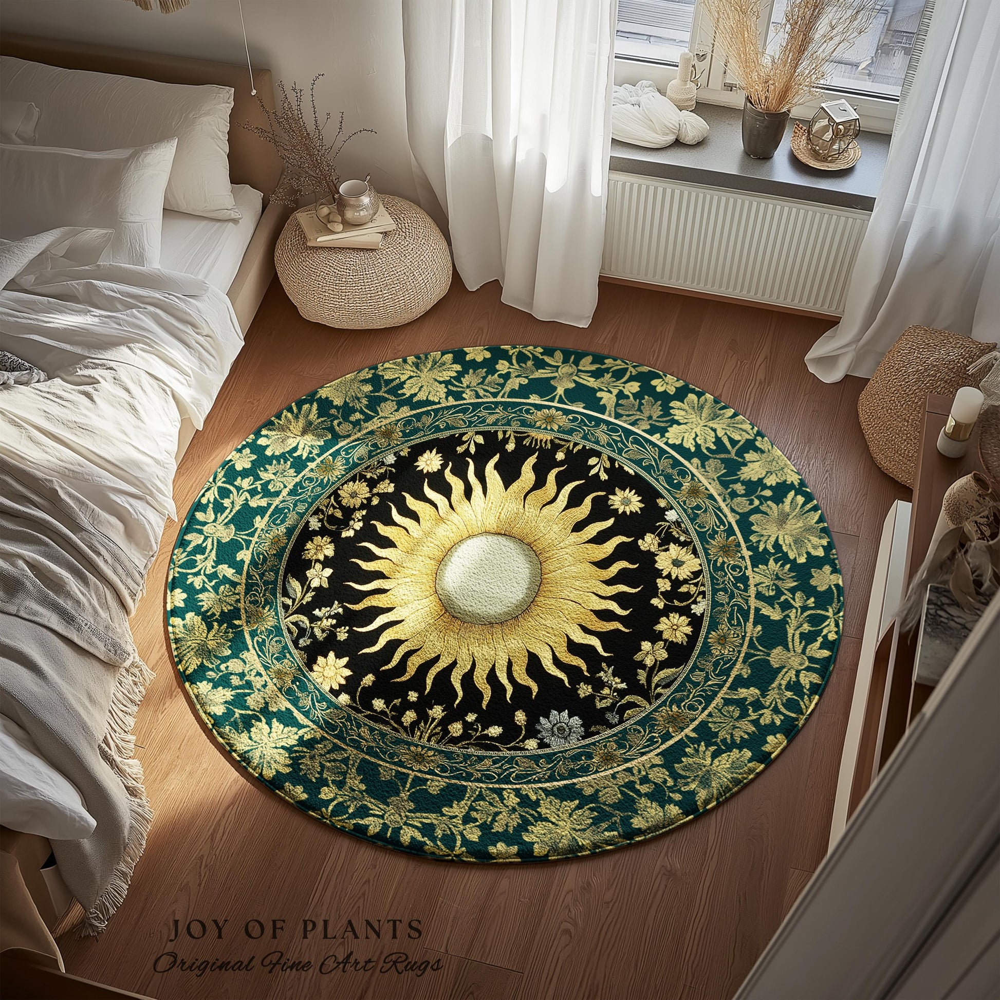 Boho Tarot Sun Round Accent Rug | Zodiac Inspired Mystical Area Rug Floral Whimsical Ethereal Moon and Stars Astrology Witchy Bedroom Decor