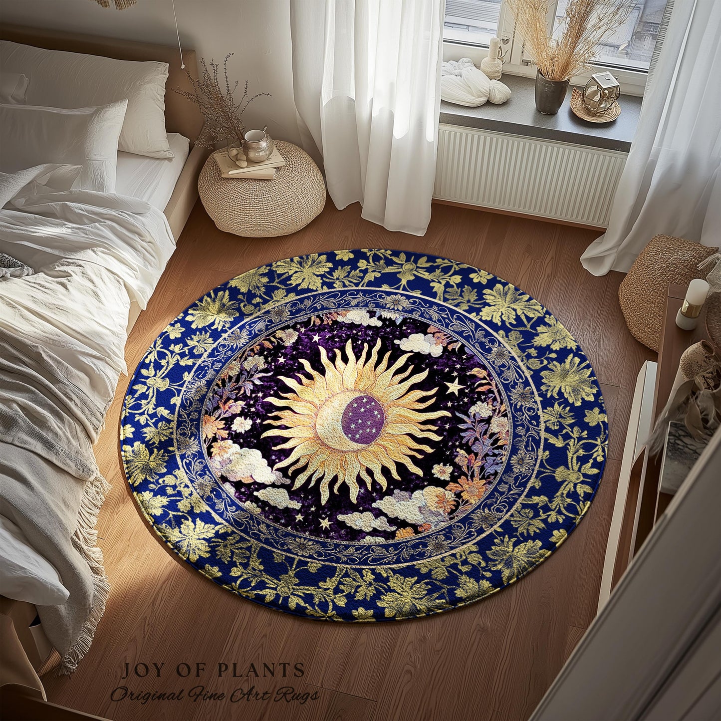 Cosmic Whimsy Fairycore Area Rug | Ethereal Sun Aesthetic Celestial Bedroom Accent Floral Tarot Theme Sun and Moon Colorful Maximalist Decor