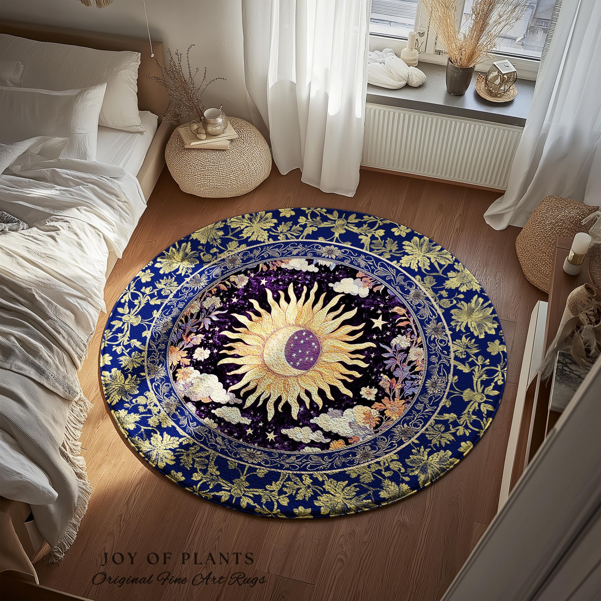 Cosmic Whimsy Fairycore Area Rug | Ethereal Sun Aesthetic Celestial Bedroom Accent Floral Tarot Theme Sun and Moon Colorful Maximalist Decor