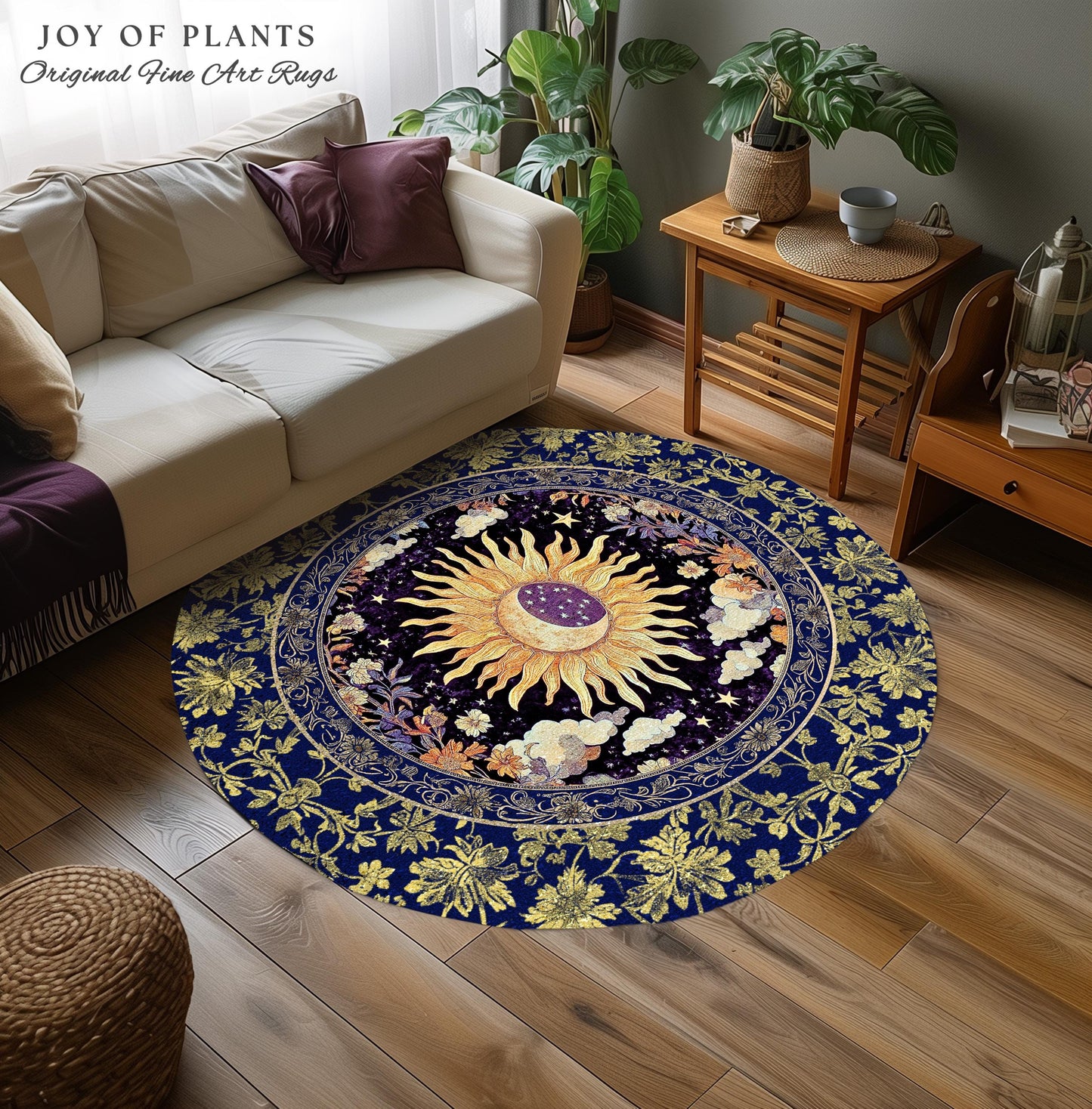 Cosmic Whimsy Fairycore Area Rug | Ethereal Sun Aesthetic Celestial Bedroom Accent Floral Tarot Theme Sun and Moon Colorful Maximalist Decor