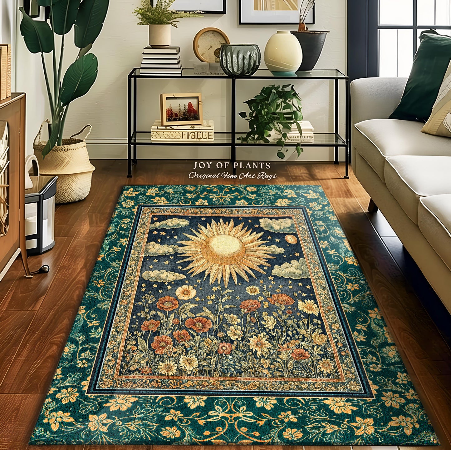 Maximalist Sun Goddess Accent Rug | Nature Botanical Area Rug Floral Light Academia Spiritual Aesthetic Zodiac Theme Celestial Bedroom Decor
