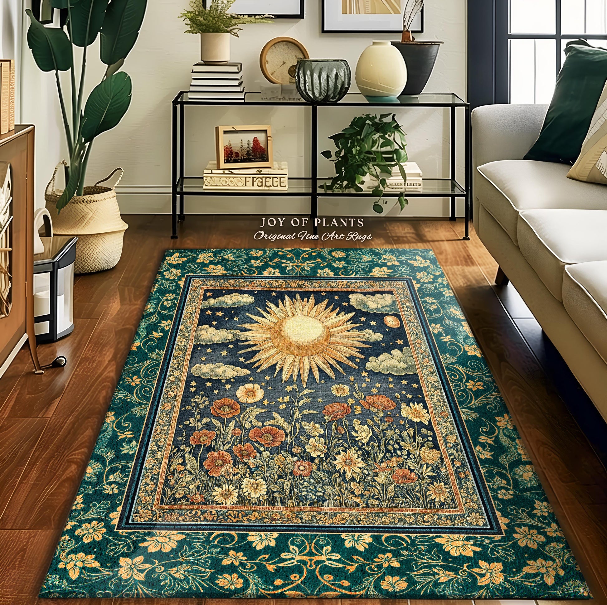 Maximalist Sun Goddess Accent Rug | Nature Botanical Area Rug Floral Light Academia Spiritual Aesthetic Zodiac Theme Celestial Bedroom Decor