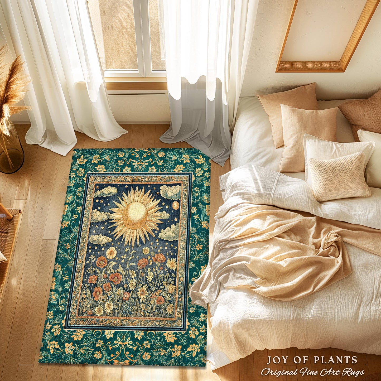 Maximalist Sun Goddess Accent Rug | Nature Botanical Area Rug Floral Light Academia Spiritual Aesthetic Zodiac Theme Celestial Bedroom Decor
