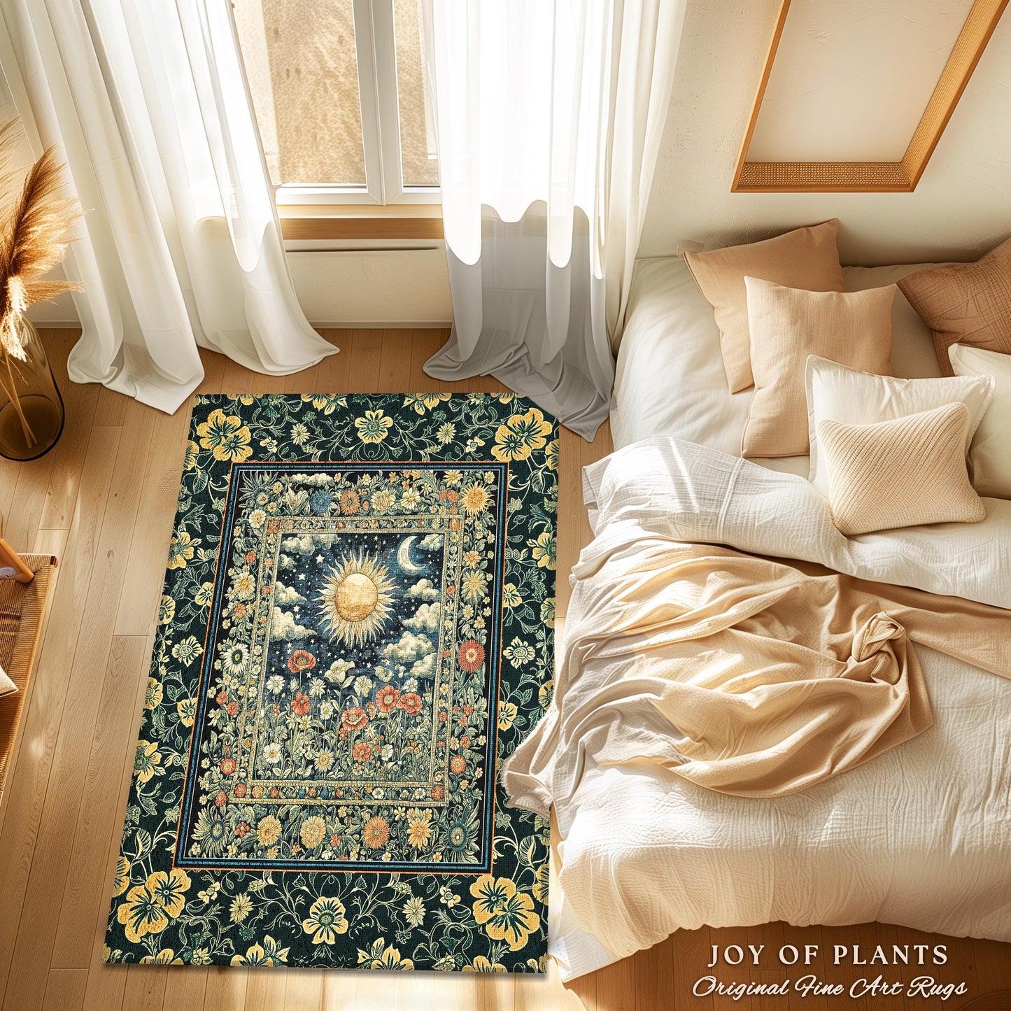 Dreamy Aesthetic Maximalist Accent Rug | Sun and Moon Bohemian Sunshine Astrology Psychedelic Celestial Cozy Bedroom Magical Area Rug Tarot