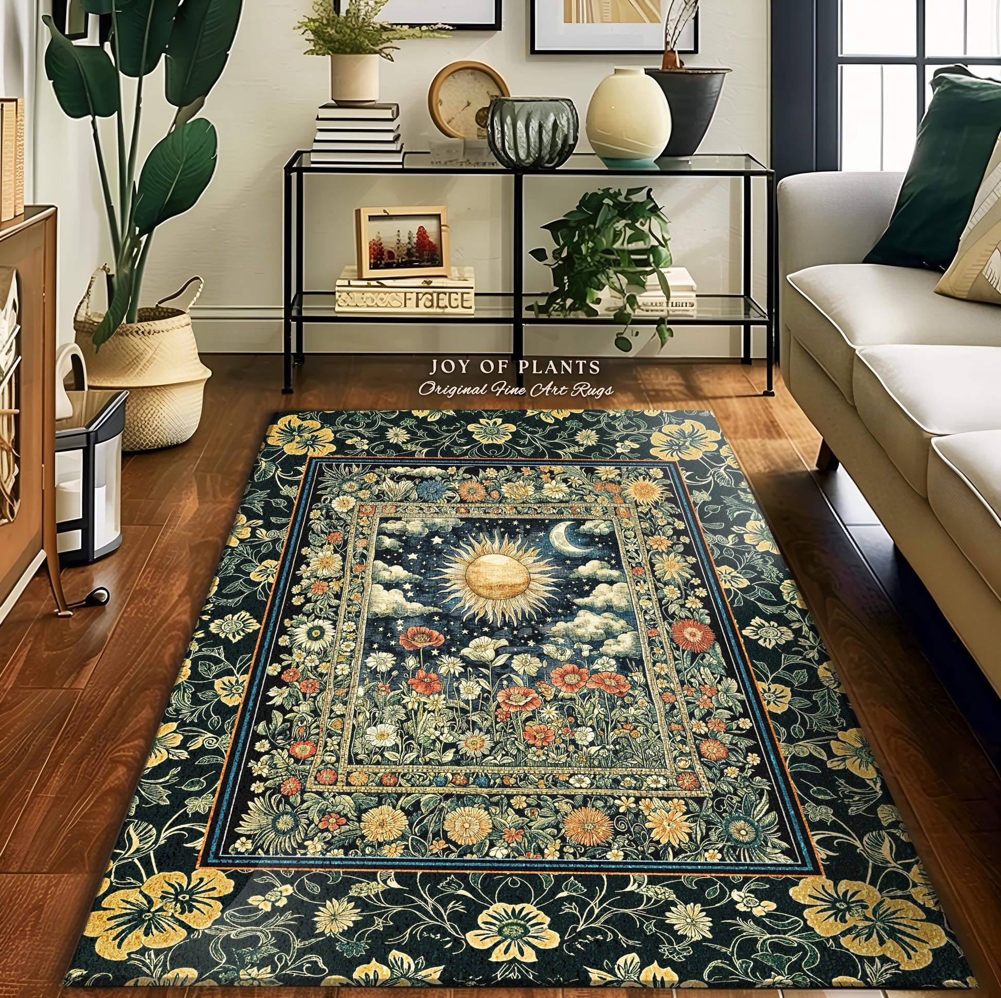 Dreamy Aesthetic Maximalist Accent Rug | Sun and Moon Bohemian Sunshine Astrology Psychedelic Celestial Cozy Bedroom Magical Area Rug Tarot