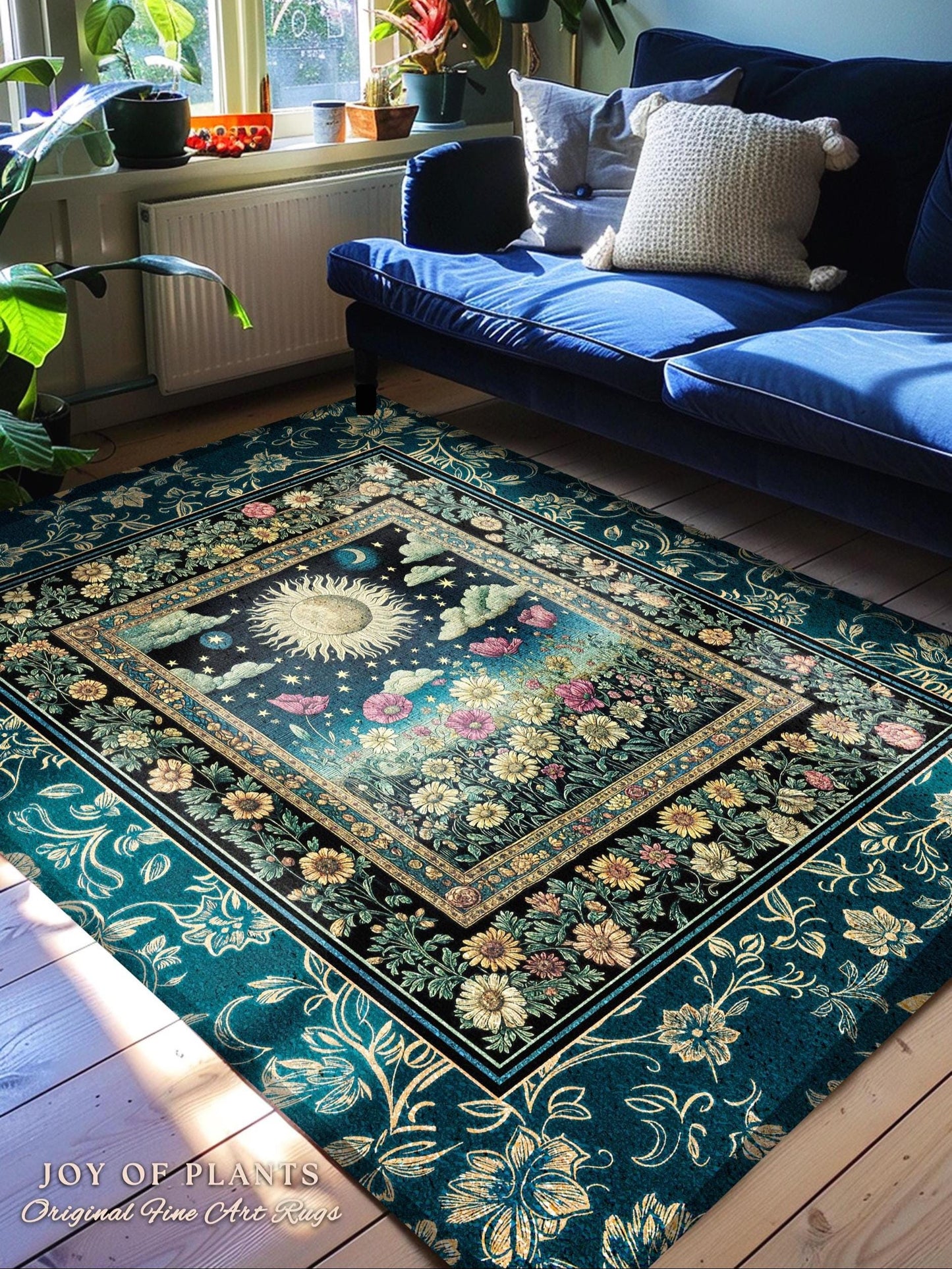 Floral Gothic Celestial Area Rug | Witchy Sun Moon Stars Spiritual Tarot Decor Bohemian Indie Bedroom Accent Cozy Cottagecore Aesthetic |