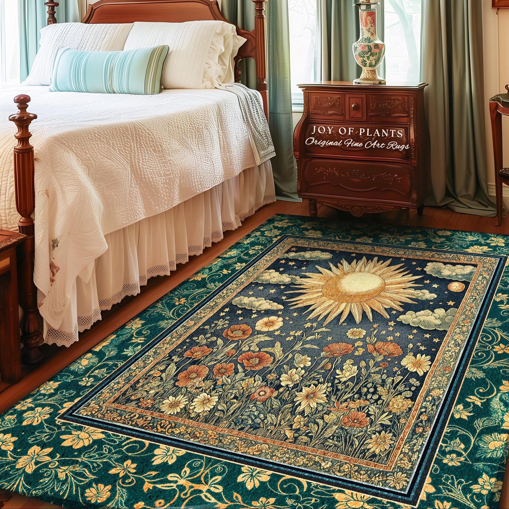 Maximalist Sun Goddess Accent Rug | Nature Botanical Area Rug Floral Light Academia Spiritual Aesthetic Zodiac Theme Celestial Bedroom Decor