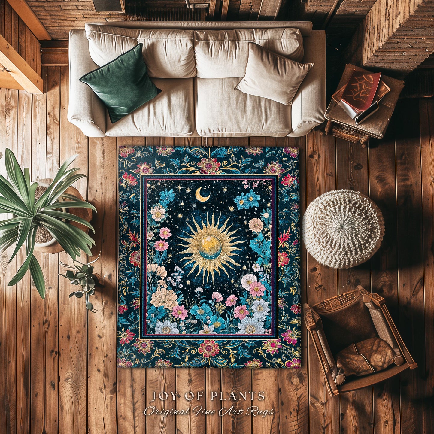 Celestial Sun Rustic Area Rug | Eclectic Bedroom Accent Wildflowers Tapestry Cosmic Astrology Home Accent Psychedelic Tarot Decor Witchy |