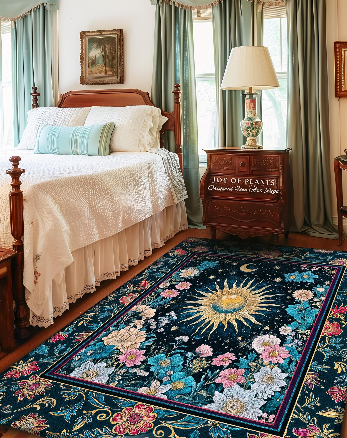 Celestial Sun Rustic Area Rug | Eclectic Bedroom Accent Wildflowers Tapestry Cosmic Astrology Home Accent Psychedelic Tarot Decor Witchy |