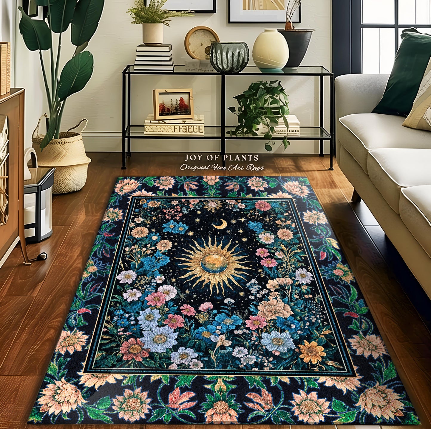 Colorful Maximalist Boho Sun Area Rug | Whimsigothic Tarot Home Accent Celestial Spiritual Decor Bohemian Indie Bedroom Sun and Moon Cozy |