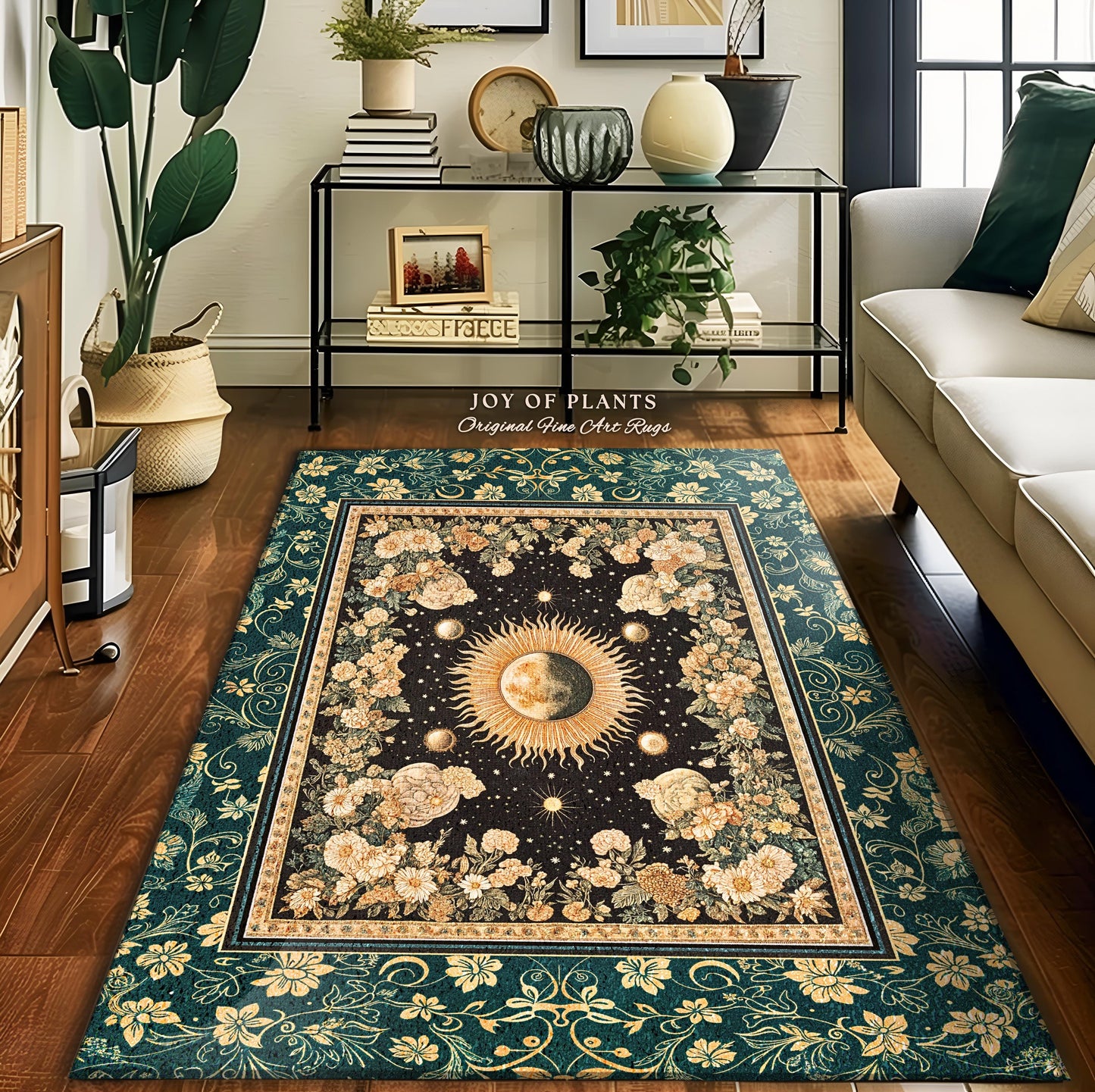 Sun and Moon Bohemian Accent Rug | Moody Skies Astrology Vintage Celestial Cozy Area Rug Astrology Tapestry Dark Cottagecore Boho Style |