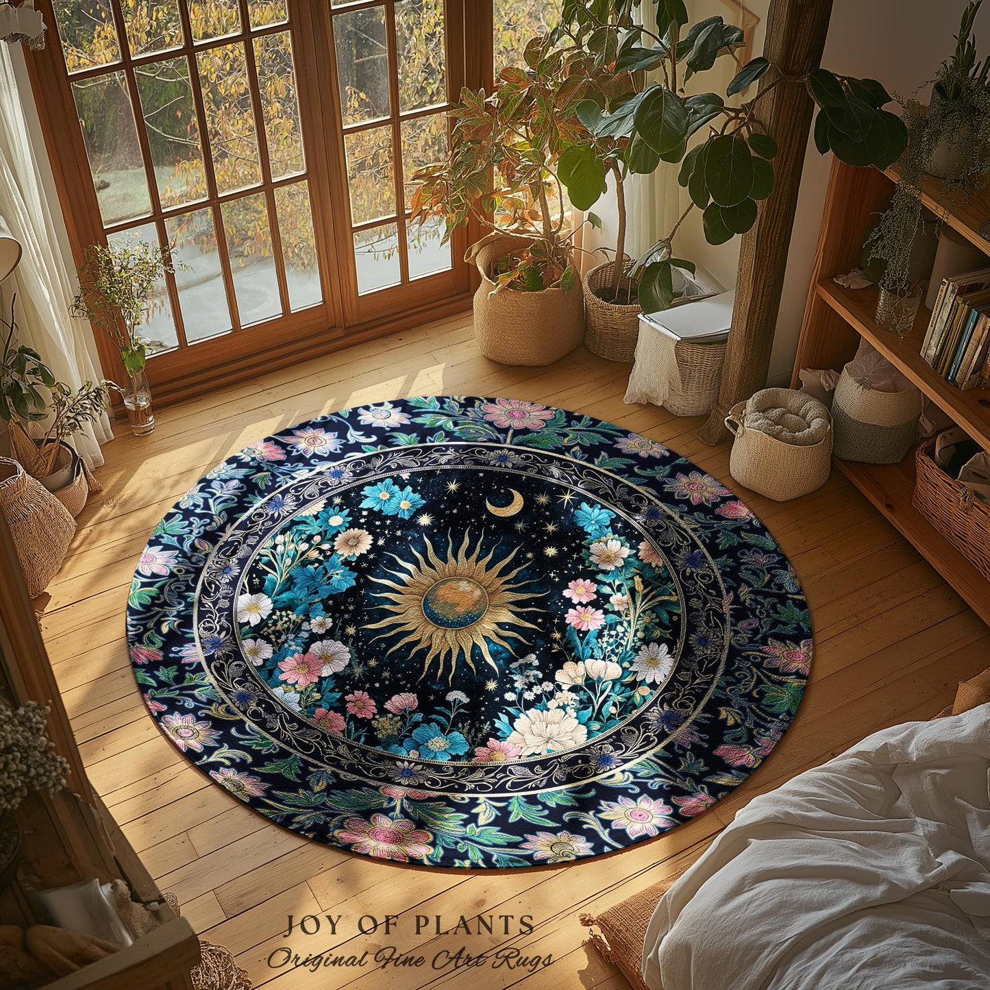 Colorful Maximalist Boho Sun Area Rug | Whimsigothic Tarot Home Accent Celestial Spiritual Decor Bohemian Indie Bedroom Sun and Moon Cozy |