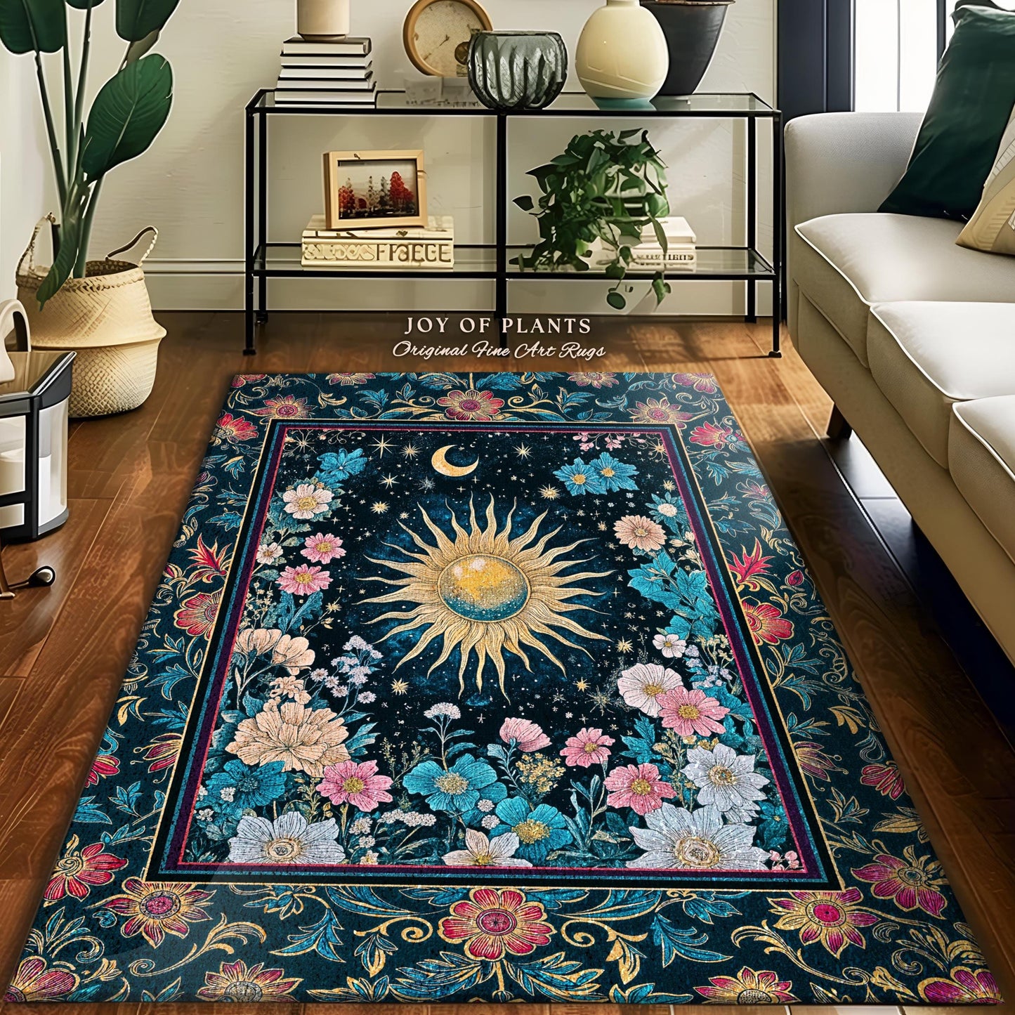 Celestial Sun Rustic Area Rug | Eclectic Bedroom Accent Wildflowers Tapestry Cosmic Astrology Home Accent Psychedelic Tarot Decor Witchy |